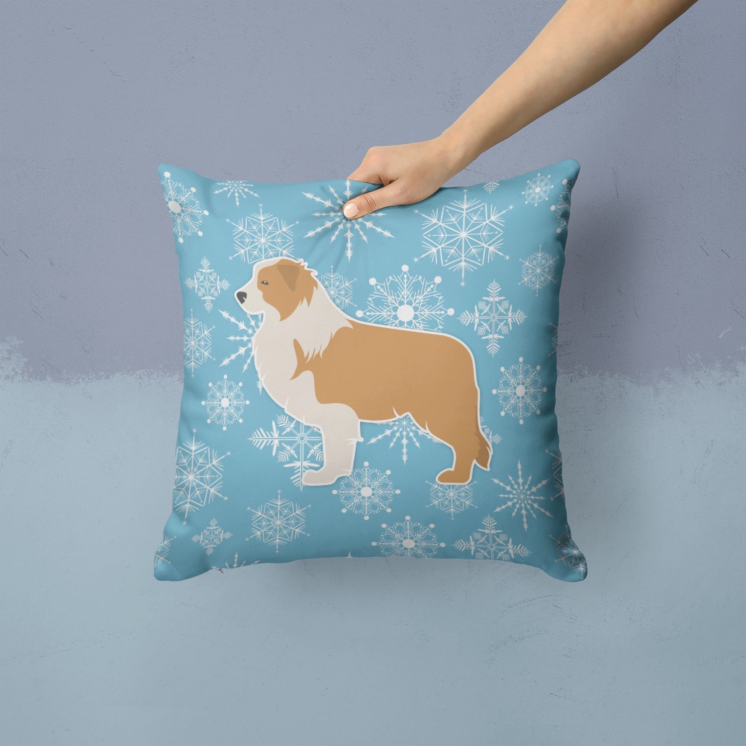 Winter Snowflake Red Border Collie Decorative Throw Pillow 14x14 Indoor Outdoor Accent Cushion, Fabric Cover with Insert for Sofa, Bed, Porch & Living Room