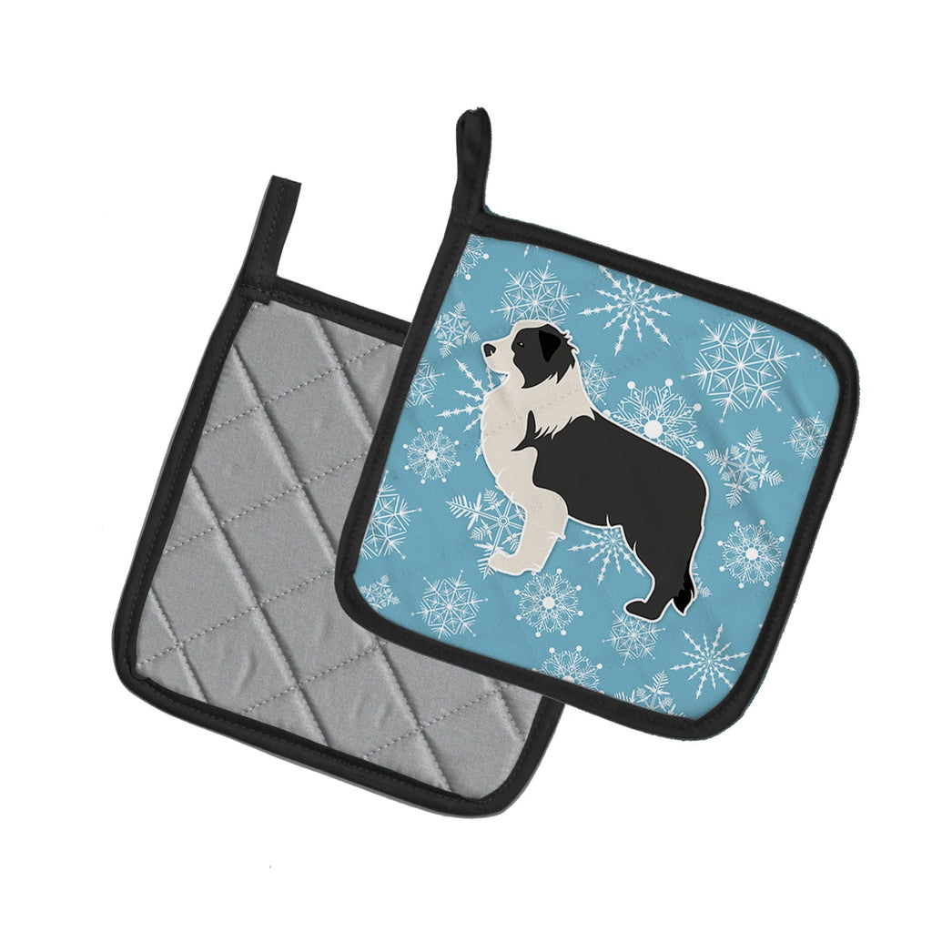 Winter Snowflake Black Border Collie Pot Holder Set of 2 Heat Resistant Quilted Hot Pads 7.5 x 7.5 Inch, Insulated Kitchen Trivets for Cooking & Baking