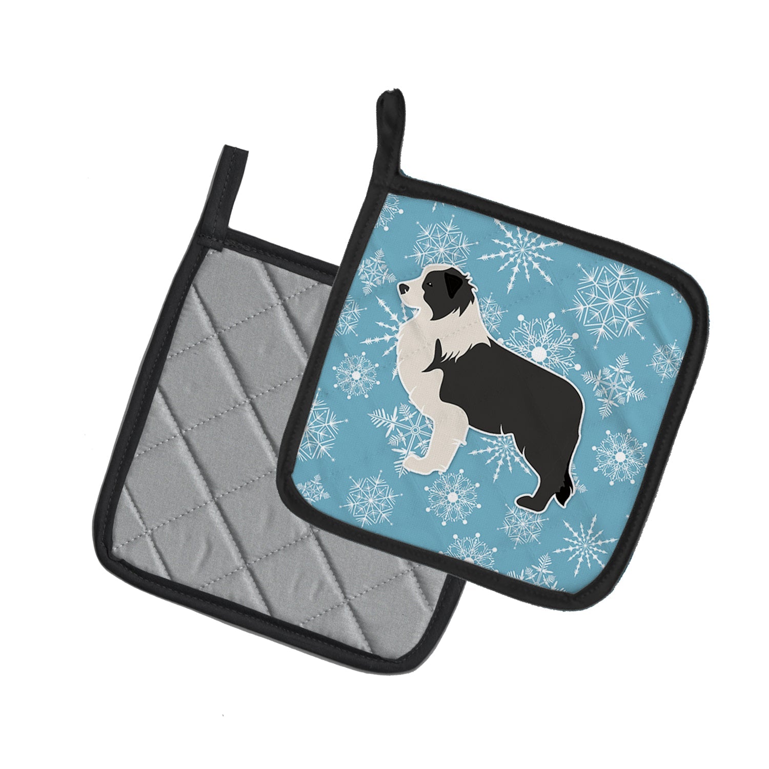 Winter Snowflake Black Border Collie Pot Holder Set of 2 Heat Resistant Quilted Hot Pads 7.5 x 7.5 Inch, Insulated Kitchen Trivets for Cooking & Baking