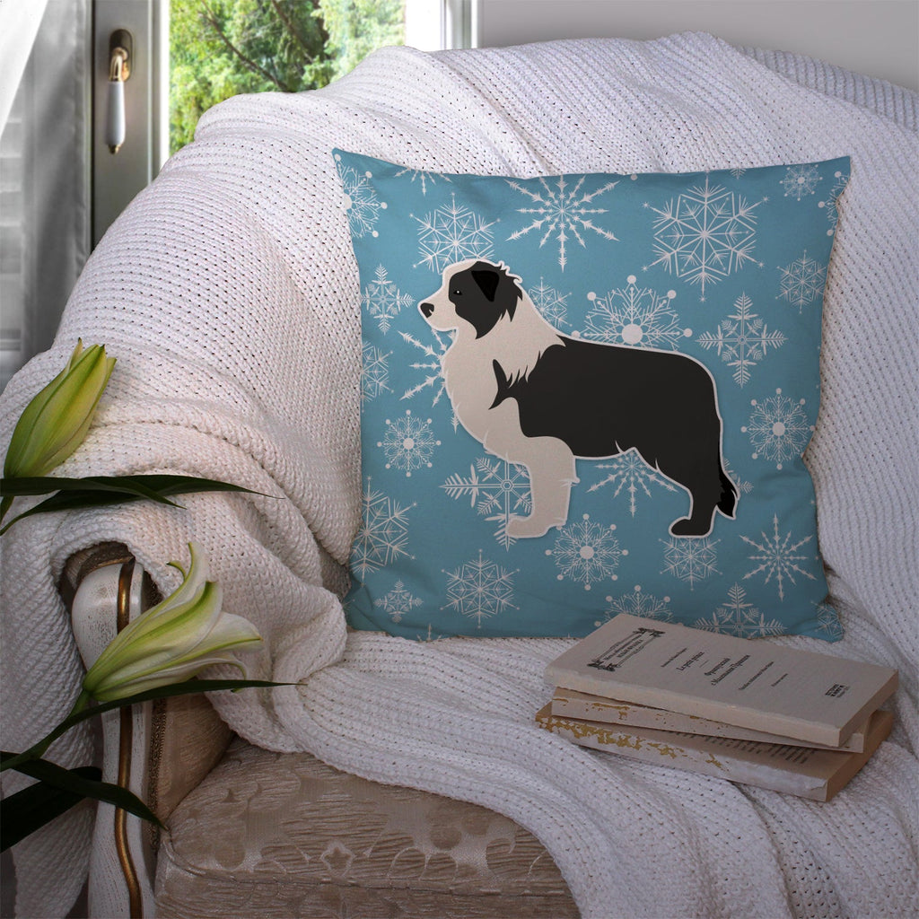 Winter Snowflake Black Border Collie Decorative Throw Pillow 14x14 Indoor Outdoor Accent Cushion, Fabric Cover with Insert for Sofa, Bed, Porch & Living Room