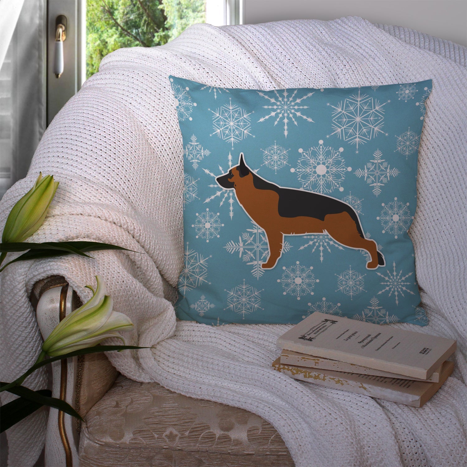 Winter Snowflake German Shepherd Decorative Throw Pillow 14x14 Indoor Outdoor Accent Cushion, Fabric Cover with Insert for Sofa, Bed, Porch & Living Room