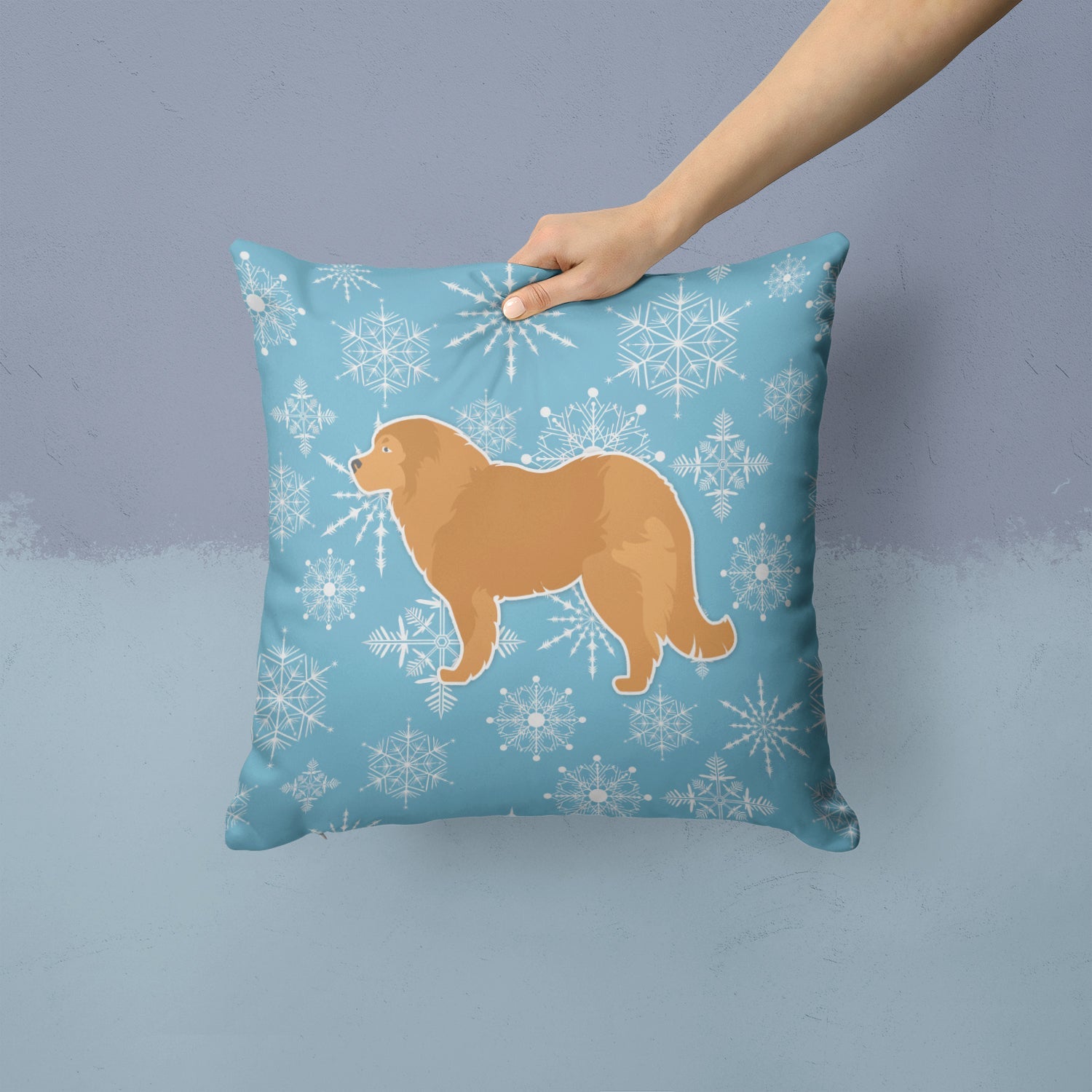 Winter Snowflake Caucasian Shepherd Dog Decorative Throw Pillow 14x14 Indoor Outdoor Accent Cushion, Fabric Cover with Insert for Sofa, Bed, Porch & Living Room