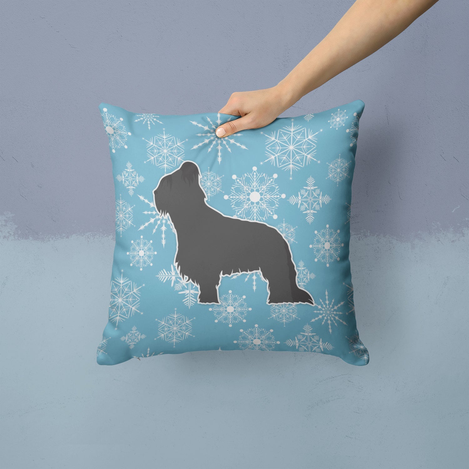 Winter Snowflake Briard Decorative Throw Pillow 14x14 Indoor Outdoor Accent Cushion, Fabric Cover with Insert for Sofa, Bed, Porch & Living Room