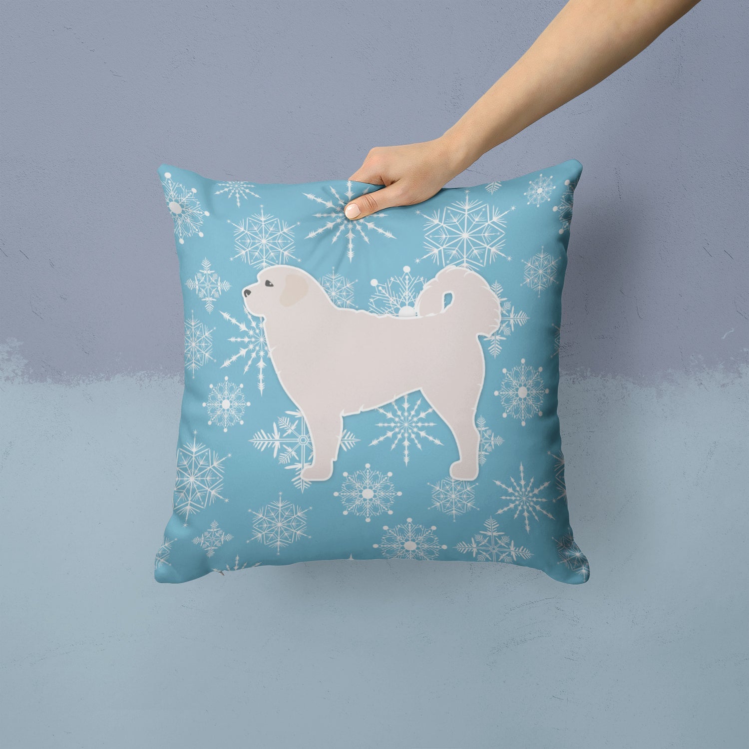 Winter Snowflake Polish Tatra Sheepdog Decorative Throw Pillow 14x14 Indoor Outdoor Accent Cushion, Fabric Cover with Insert for Sofa, Bed, Porch & Living Room