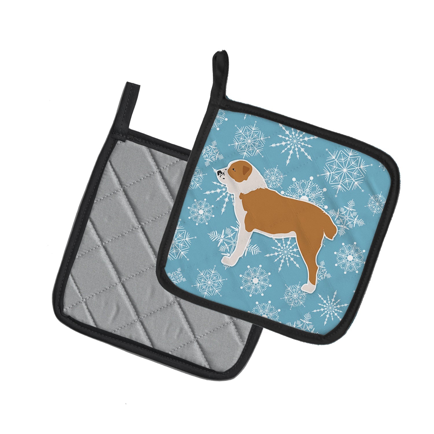 Winter Snowflake Central Asian Shepherd Dog Pot Holder Set of 2 Heat Resistant Quilted Hot Pads 7.5 x 7.5 Inch, Insulated Kitchen Trivets for Cooking & Baking