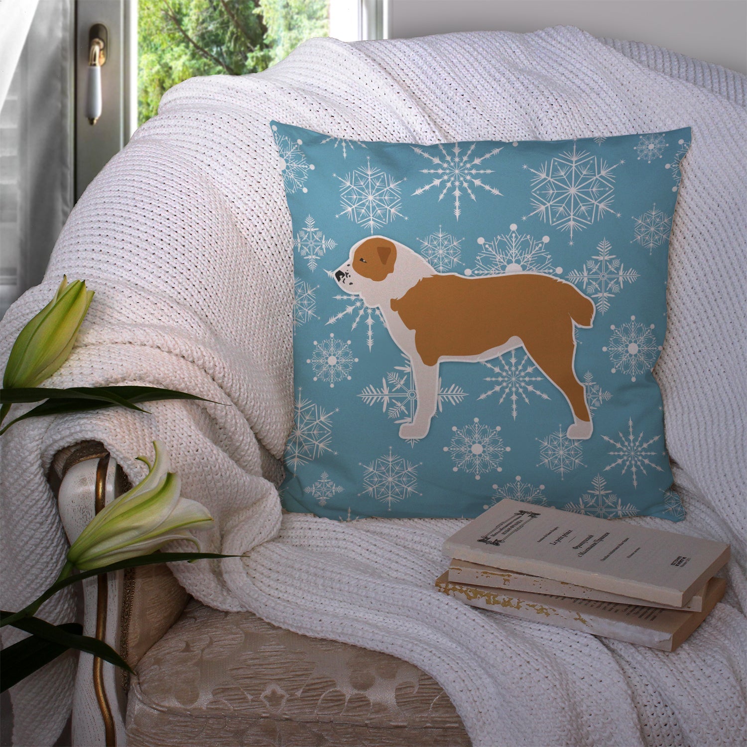 Winter Snowflake Central Asian Shepherd Dog Decorative Throw Pillow 14x14 Indoor Outdoor Accent Cushion, Fabric Cover with Insert for Sofa, Bed, Porch & Living Room