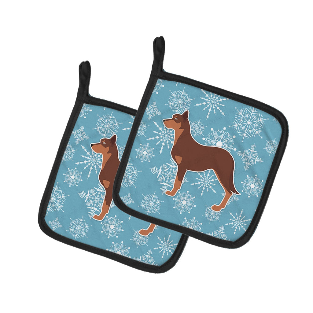 Winter Snowflake Australian Kelpie Dog Pot Holder Set of 2 Heat Resistant Quilted Hot Pads 7.5 x 7.5 Inch, Insulated Kitchen Trivets for Cooking & Baking