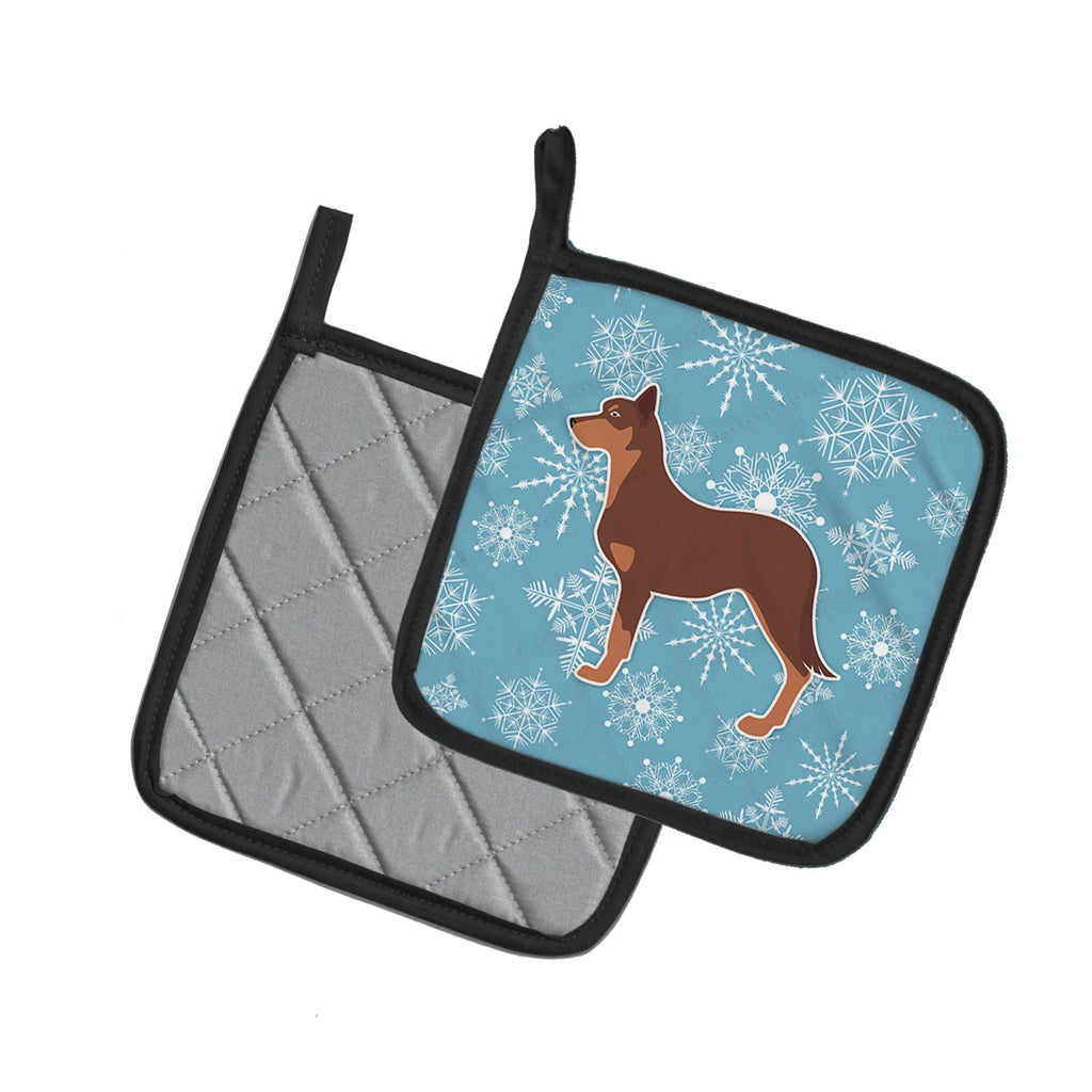 Winter Snowflake Australian Kelpie Dog Pot Holder Set of 2 Heat Resistant Quilted Hot Pads 7.5 x 7.5 Inch, Insulated Kitchen Trivets for Cooking & Baking