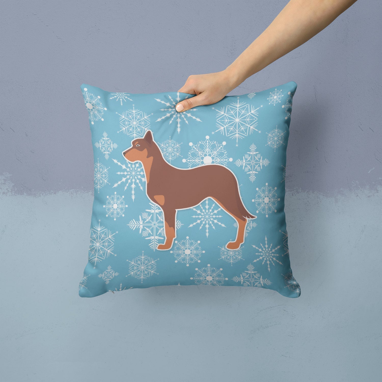 Winter Snowflake Australian Kelpie Dog Decorative Throw Pillow 14x14 Indoor Outdoor Accent Cushion, Fabric Cover with Insert for Sofa, Bed, Porch & Living Room
