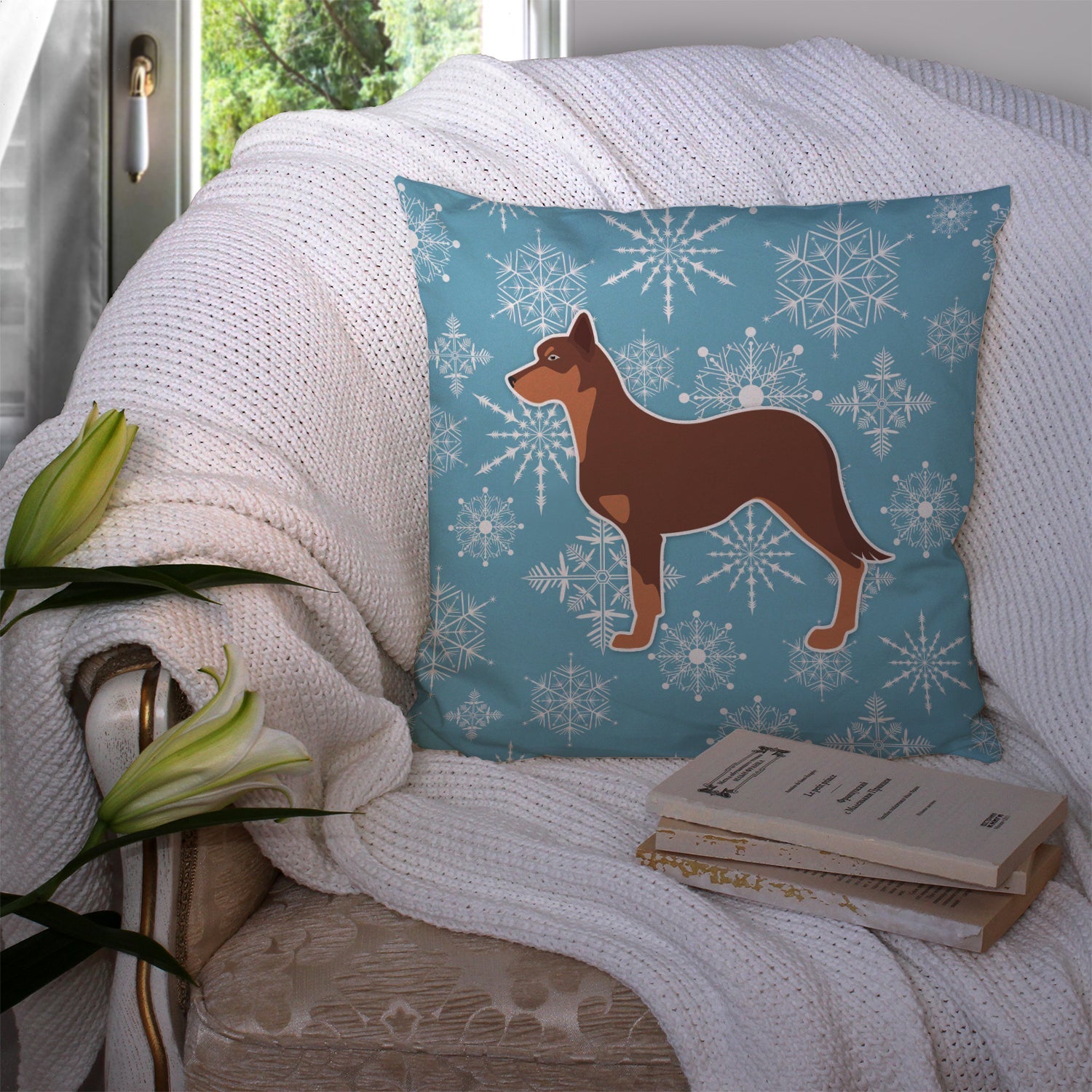Winter Snowflake Australian Kelpie Dog Decorative Throw Pillow 14x14 Indoor Outdoor Accent Cushion, Fabric Cover with Insert for Sofa, Bed, Porch & Living Room