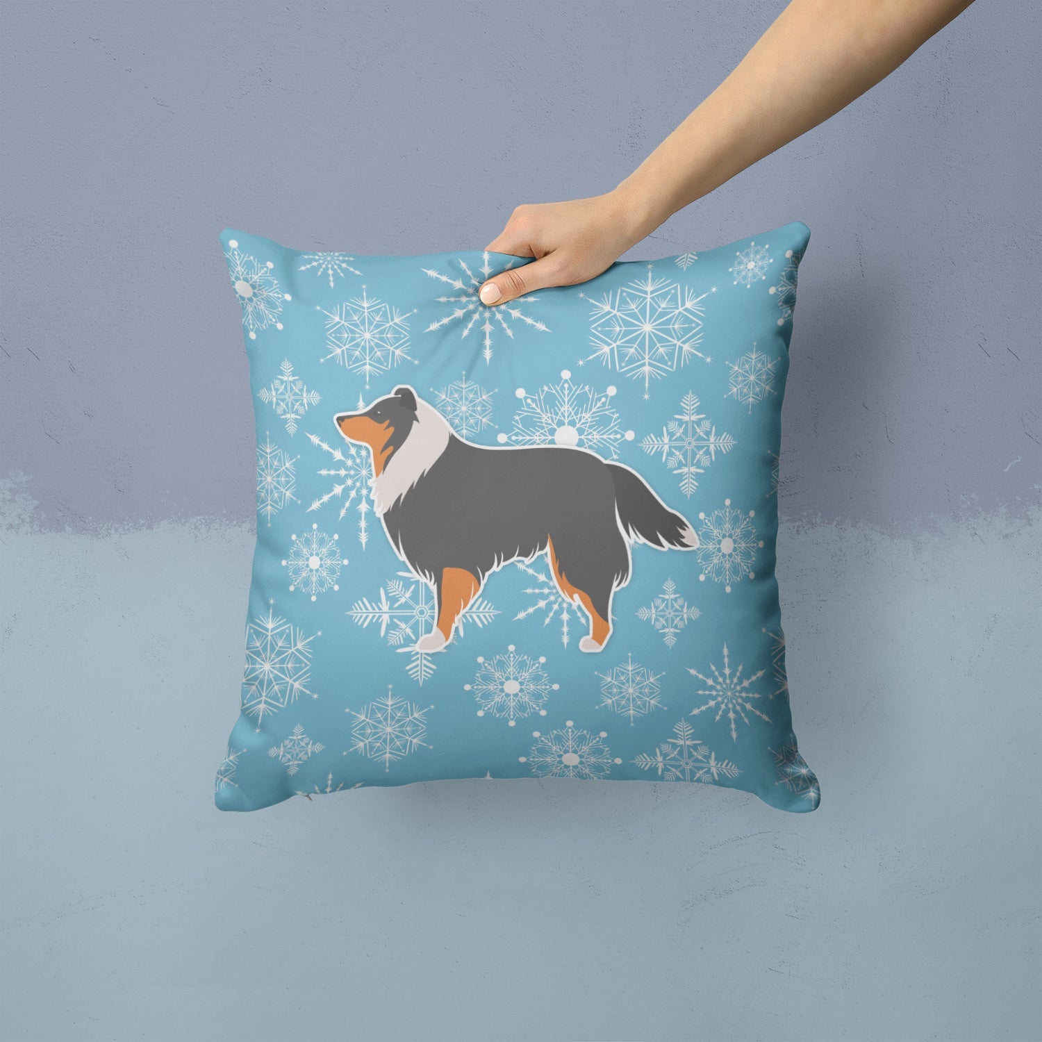 Winter Snowflake Sheltie/Shetland Sheepdog Decorative Throw Pillow 14x14 Indoor Outdoor Accent Cushion, Fabric Cover with Insert for Sofa, Bed, Porch & Living Room