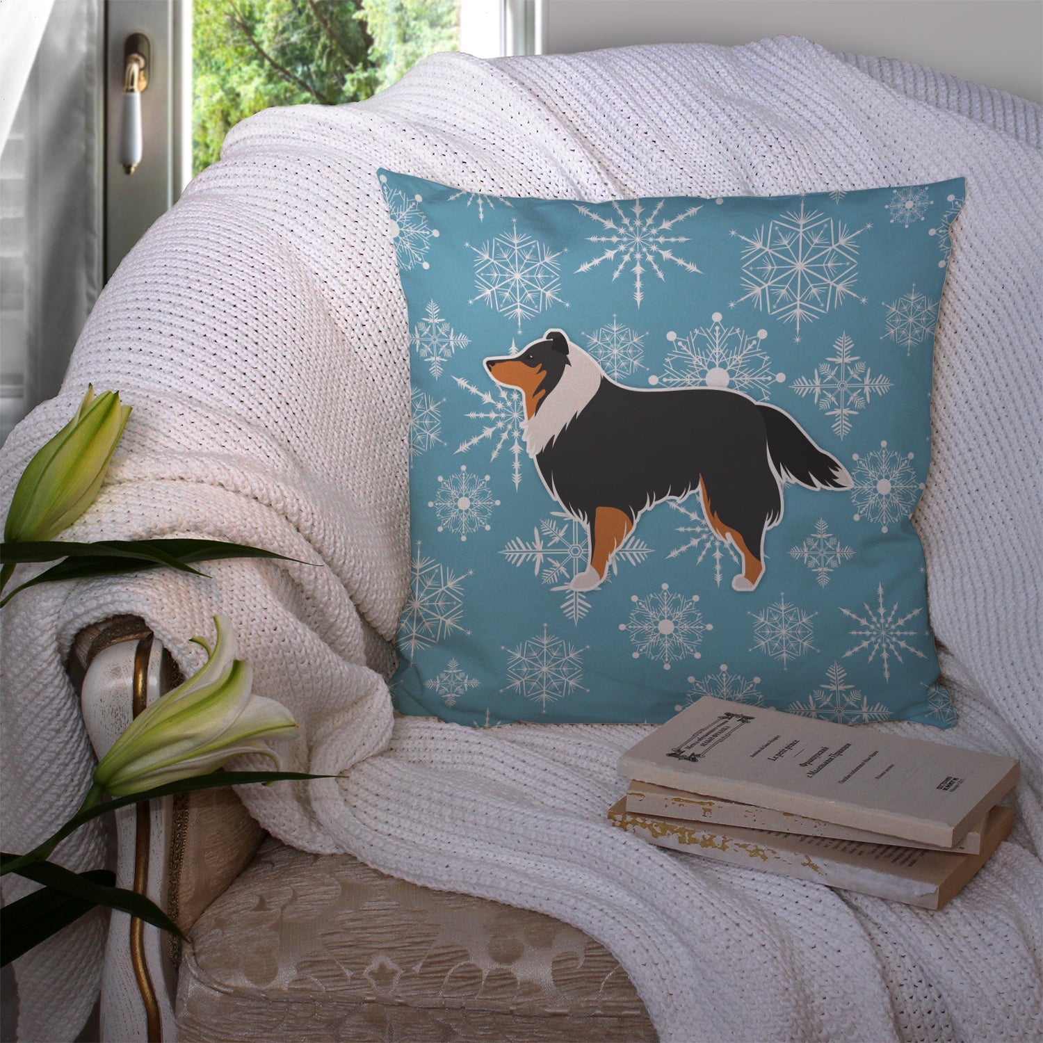 Winter Snowflake Sheltie/Shetland Sheepdog Decorative Throw Pillow 14x14 Indoor Outdoor Accent Cushion, Fabric Cover with Insert for Sofa, Bed, Porch & Living Room