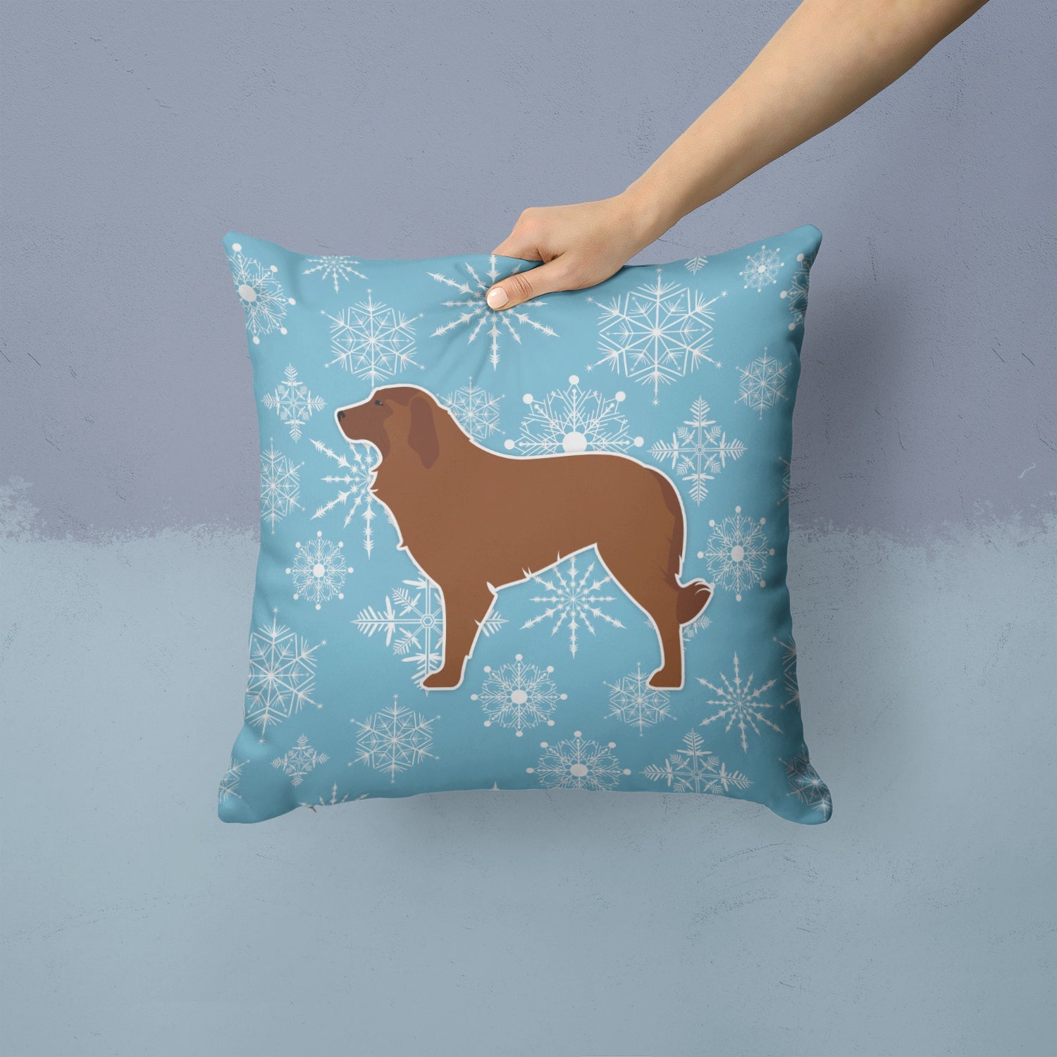 Winter Snowflake Portuguese Sheepdog Dog Decorative Throw Pillow 14x14 Indoor Outdoor Accent Cushion, Fabric Cover with Insert for Sofa, Bed, Porch & Living Room