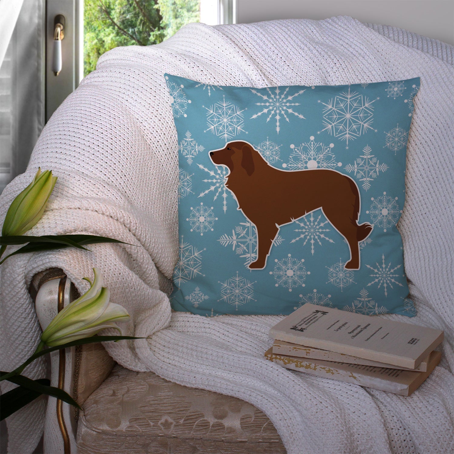 Winter Snowflake Portuguese Sheepdog Dog Decorative Throw Pillow 14x14 Indoor Outdoor Accent Cushion, Fabric Cover with Insert for Sofa, Bed, Porch & Living Room