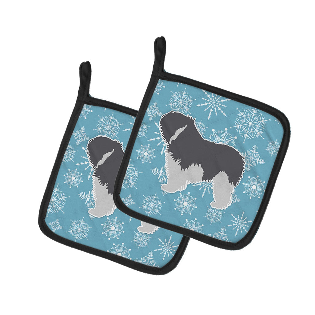 Winter Snowflake Polish Lowland Sheepdog Dog Pot Holder Set of 2 Heat Resistant Quilted Hot Pads 7.5 x 7.5 Inch, Insulated Kitchen Trivets for Cooking & Baking