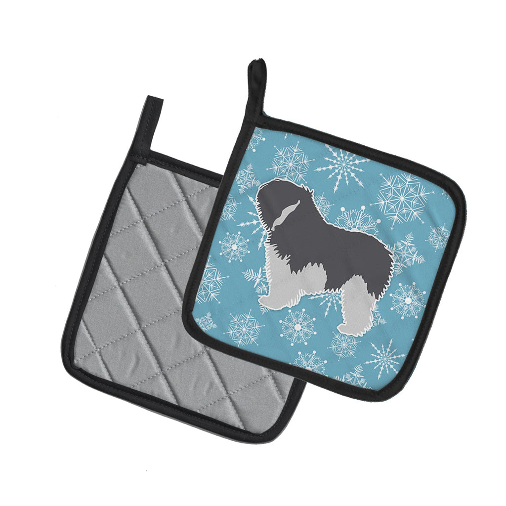Winter Snowflake Polish Lowland Sheepdog Dog Pot Holder Set of 2 Heat Resistant Quilted Hot Pads 7.5 x 7.5 Inch, Insulated Kitchen Trivets for Cooking & Baking