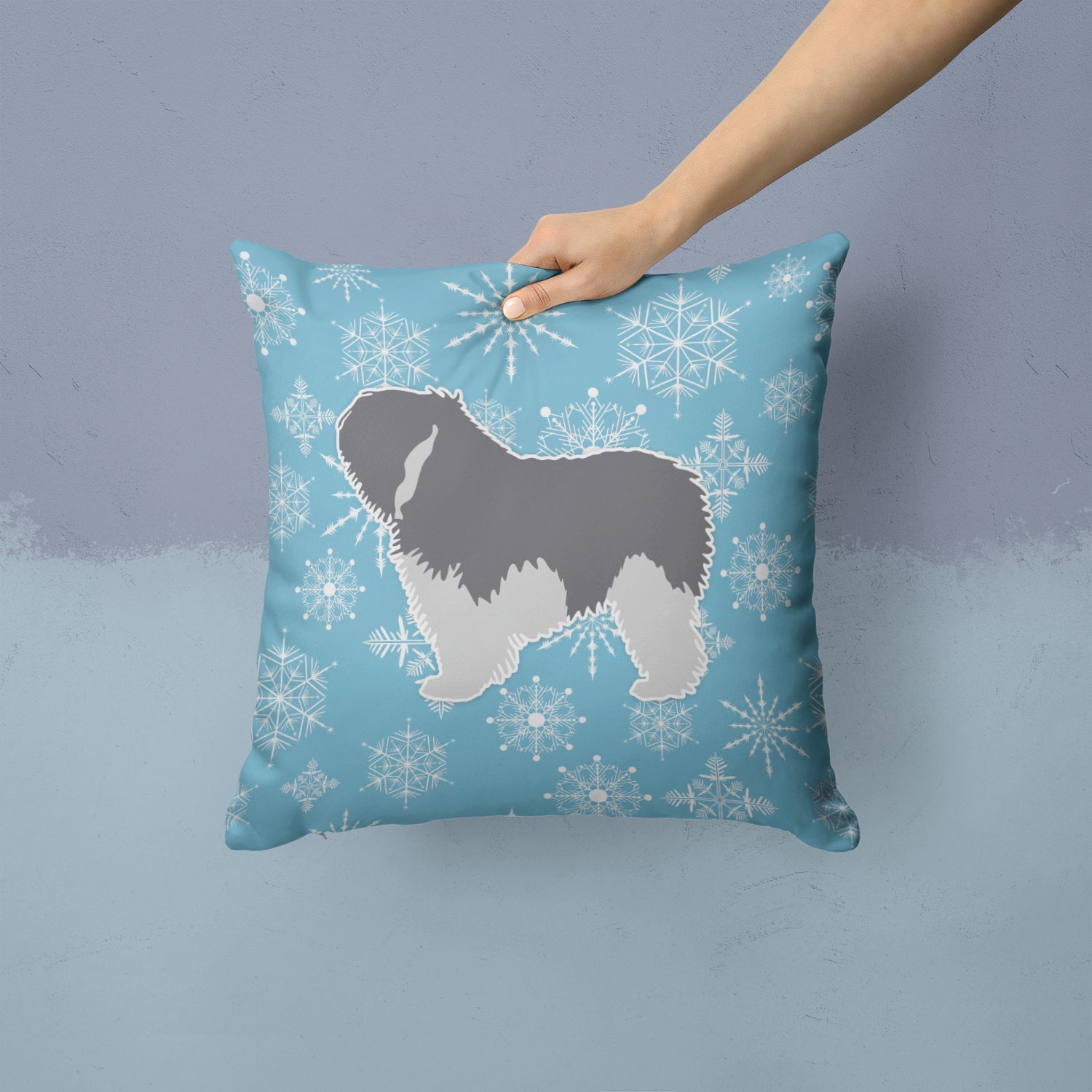 Winter Snowflake Polish Lowland Sheepdog Dog Decorative Throw Pillow 14x14 Indoor Outdoor Accent Cushion, Fabric Cover with Insert for Sofa, Bed, Porch & Living Room