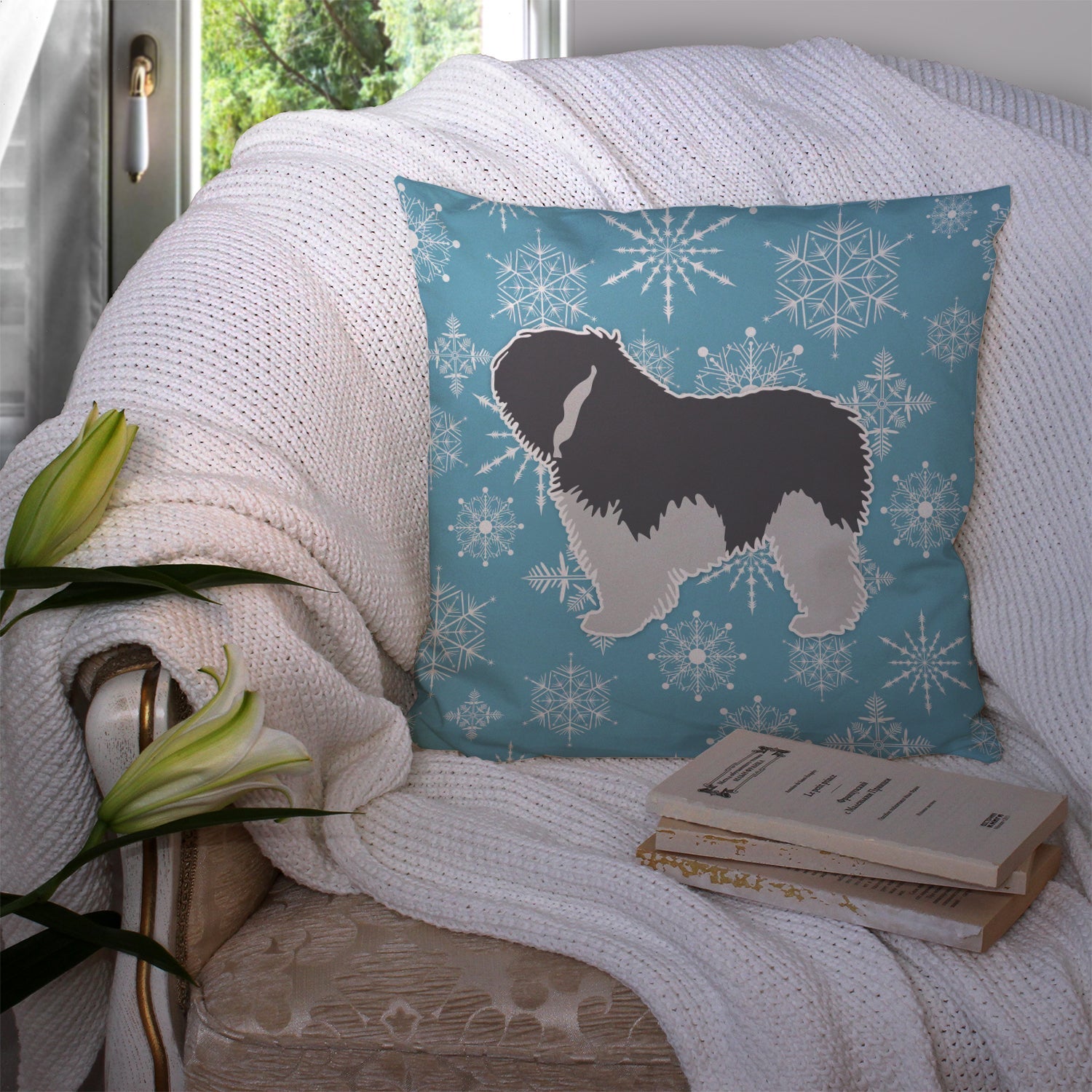 Winter Snowflake Polish Lowland Sheepdog Dog Decorative Throw Pillow 14x14 Indoor Outdoor Accent Cushion, Fabric Cover with Insert for Sofa, Bed, Porch & Living Room