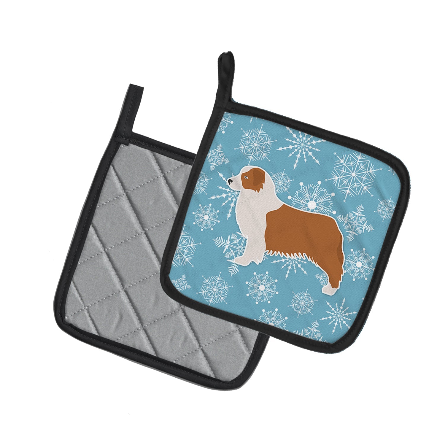 Winter Snowflake Australian Shepherd Dog Pot Holder Set of 2 Heat Resistant Quilted Hot Pads 7.5 x 7.5 Inch, Insulated Kitchen Trivets for Cooking & Baking