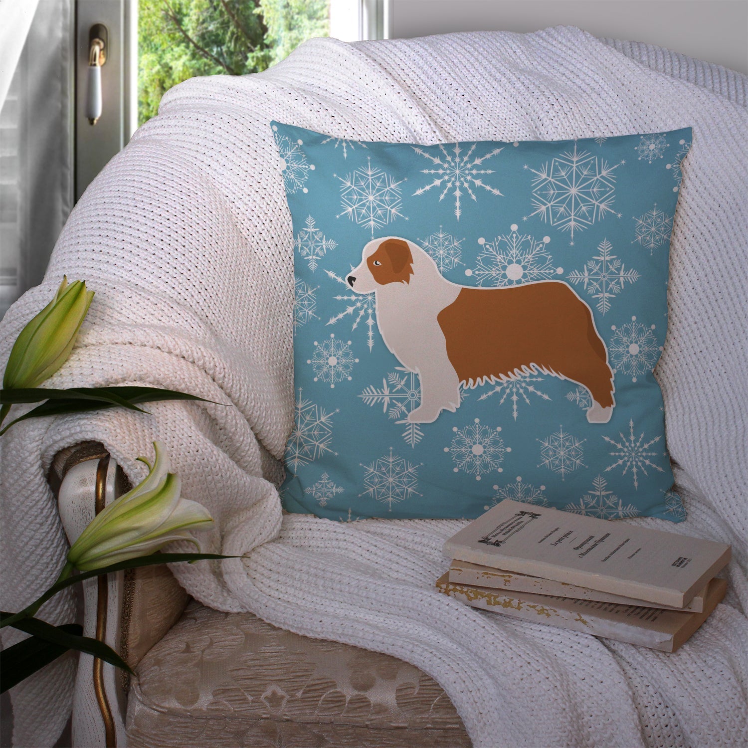 Winter Snowflake Australian Shepherd Dog Decorative Throw Pillow 14x14 Indoor Outdoor Accent Cushion, Fabric Cover with Insert for Sofa, Bed, Porch & Living Room