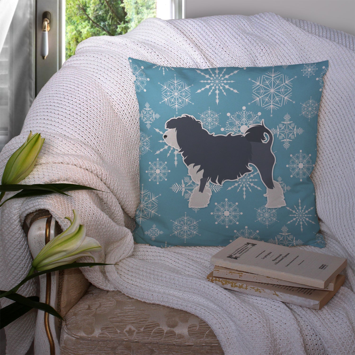 Winter Snowflake Lowchen Decorative Throw Pillow 14x14 Indoor Outdoor Accent Cushion, Fabric Cover with Insert for Sofa, Bed, Porch & Living Room