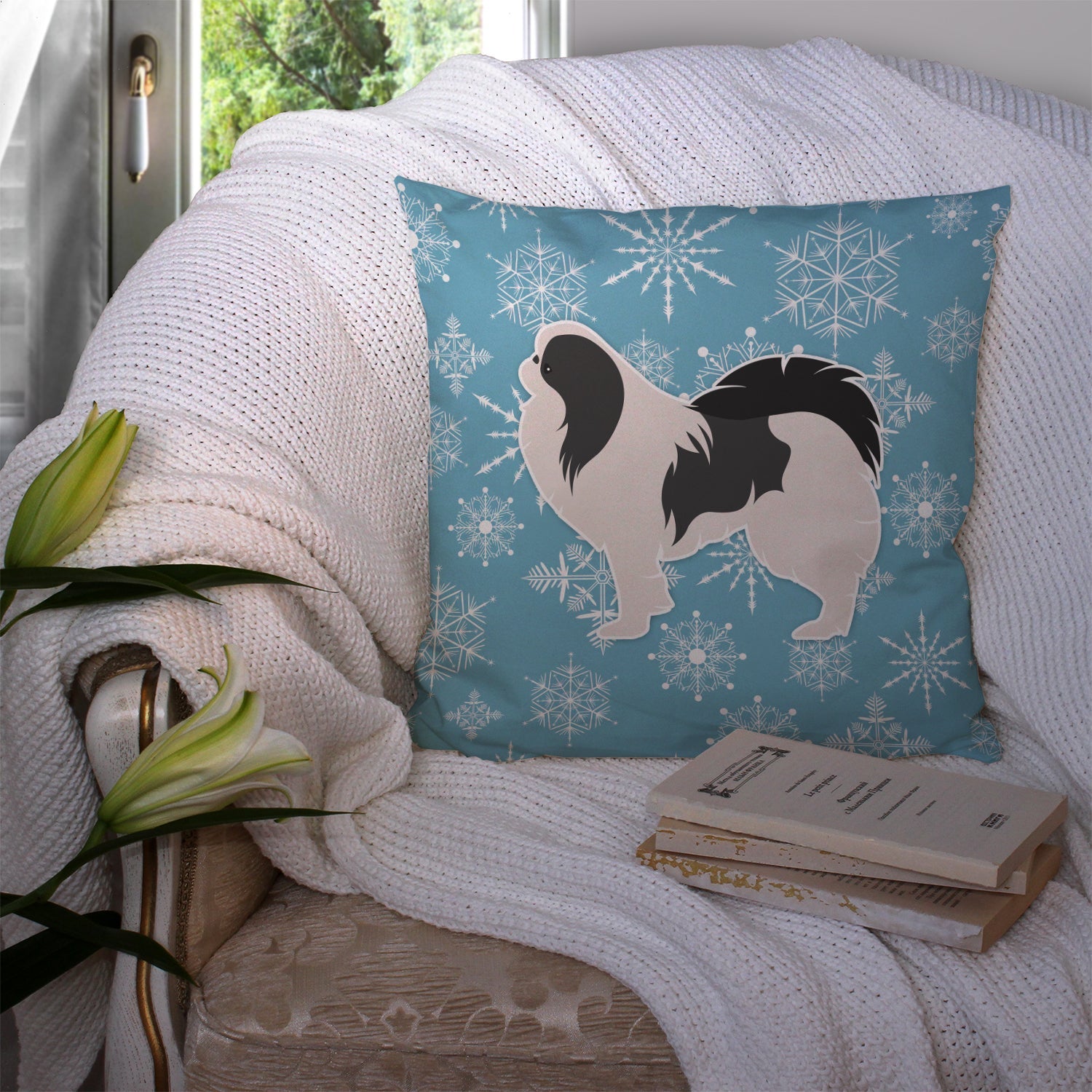 Winter Snowflake Japanese Chin Decorative Throw Pillow 14x14 Indoor Outdoor Accent Cushion, Fabric Cover with Insert for Sofa, Bed, Porch & Living Room
