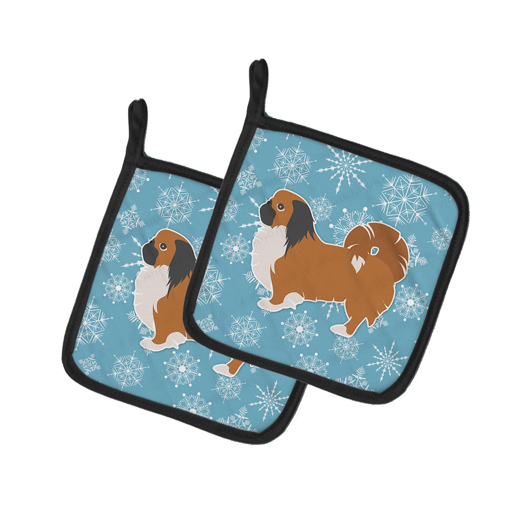 Winter Snowflake Pekingese Pot Holder Set of 2 Heat Resistant Quilted Hot Pads 7.5 x 7.5 Inch, Insulated Kitchen Trivets for Cooking & Baking