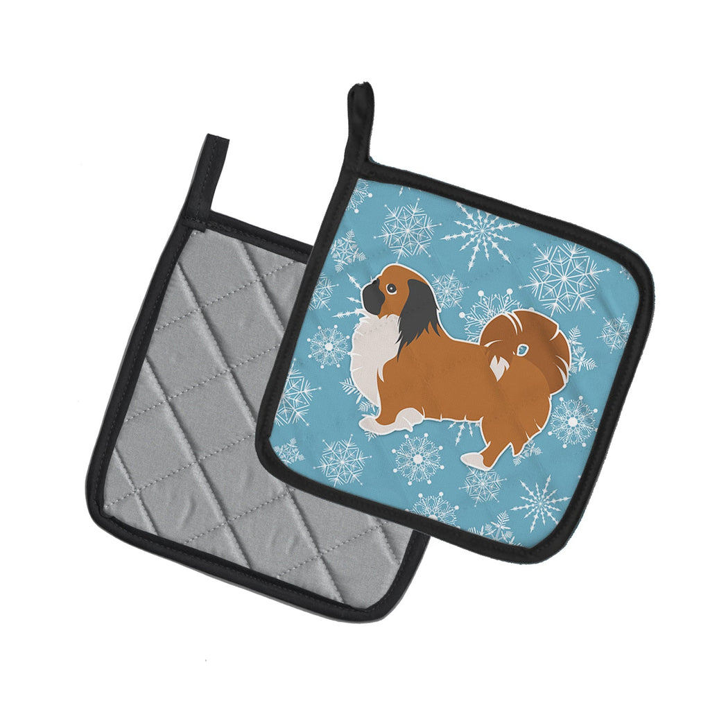 Winter Snowflake Pekingese Pot Holder Set of 2 Heat Resistant Quilted Hot Pads 7.5 x 7.5 Inch, Insulated Kitchen Trivets for Cooking & Baking