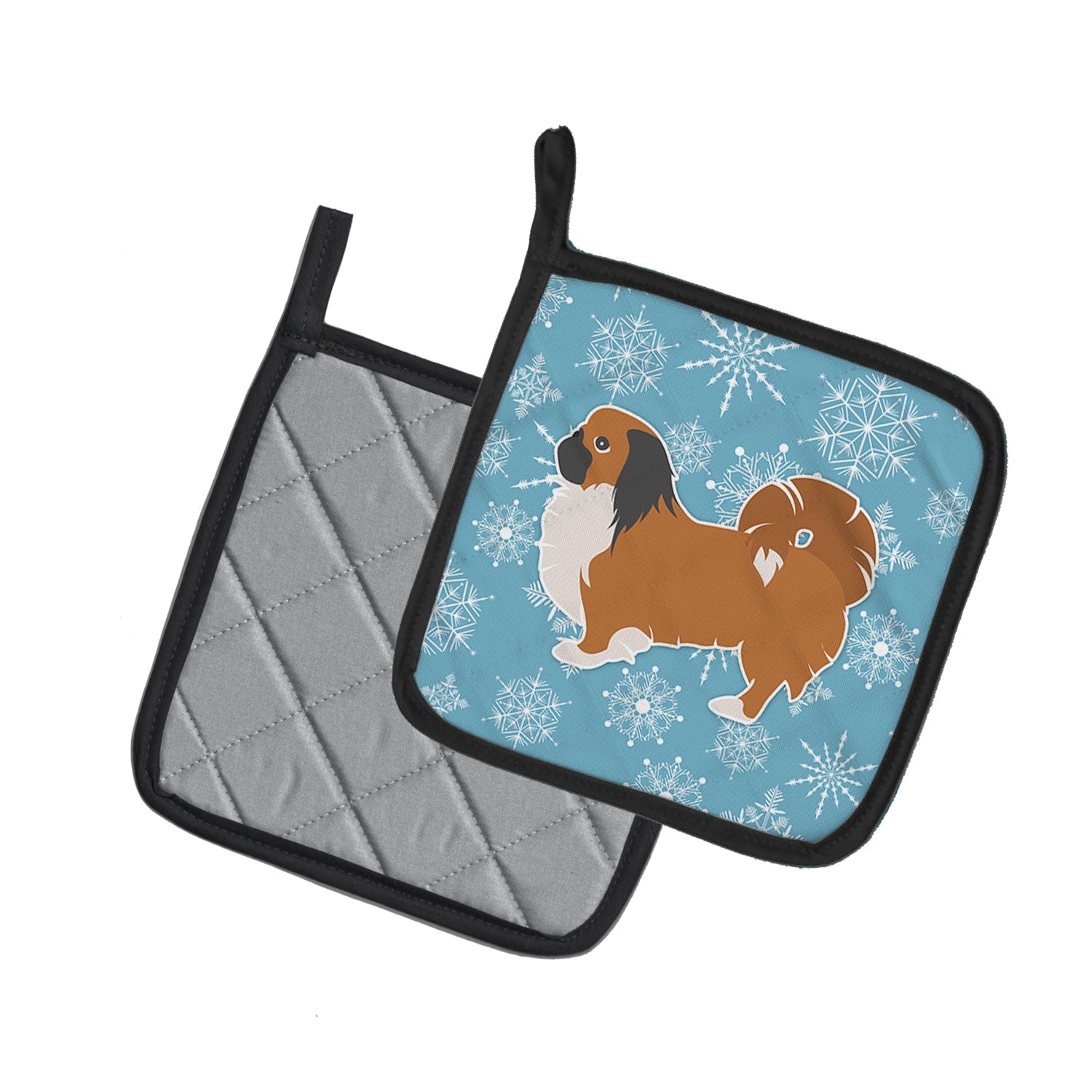 Winter Snowflake Pekingese Pot Holder Set of 2 Heat Resistant Quilted Hot Pads 7.5 x 7.5 Inch, Insulated Kitchen Trivets for Cooking & Baking