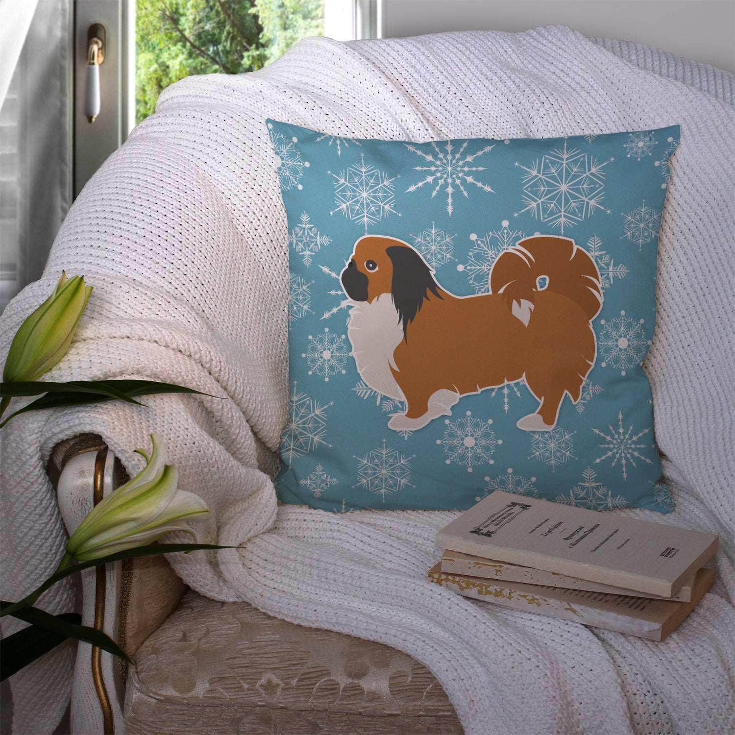 Winter Snowflake Pekingese Decorative Throw Pillow 14x14 Indoor Outdoor Accent Cushion, Fabric Cover with Insert for Sofa, Bed, Porch & Living Room