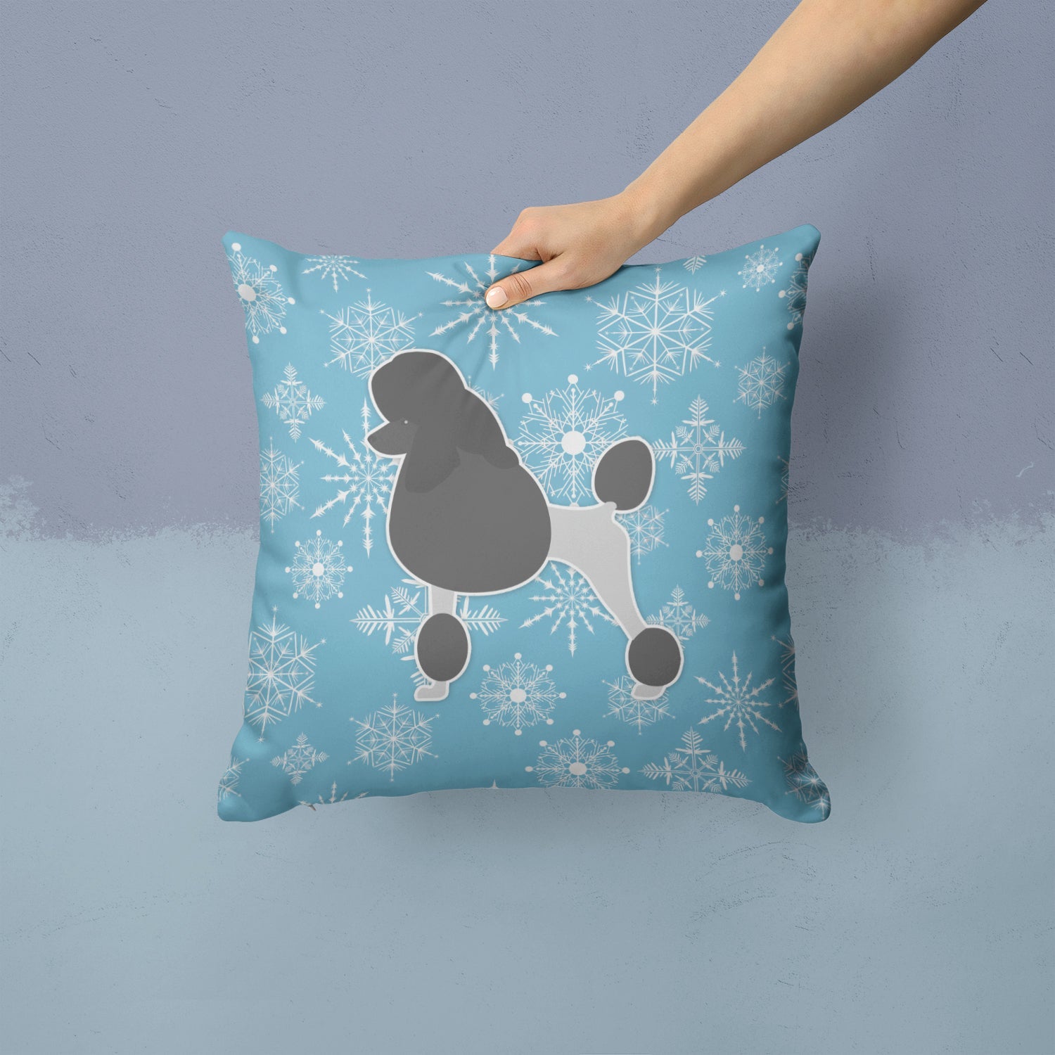 Winter Snowflake Poodle Decorative Throw Pillow 14x14 Indoor Outdoor Accent Cushion, Fabric Cover with Insert for Sofa, Bed, Porch & Living Room