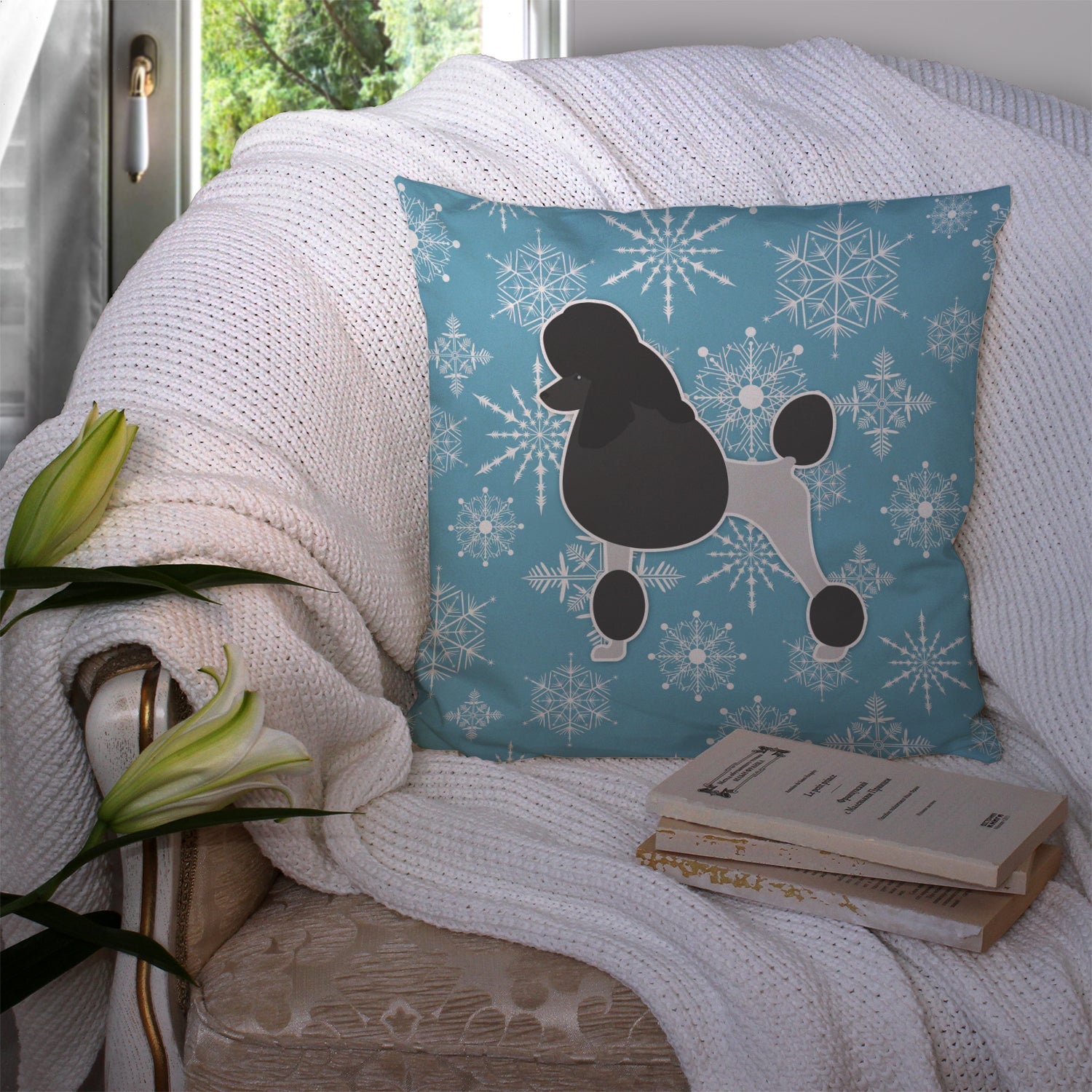 Winter Snowflake Poodle Decorative Throw Pillow 14x14 Indoor Outdoor Accent Cushion, Fabric Cover with Insert for Sofa, Bed, Porch & Living Room