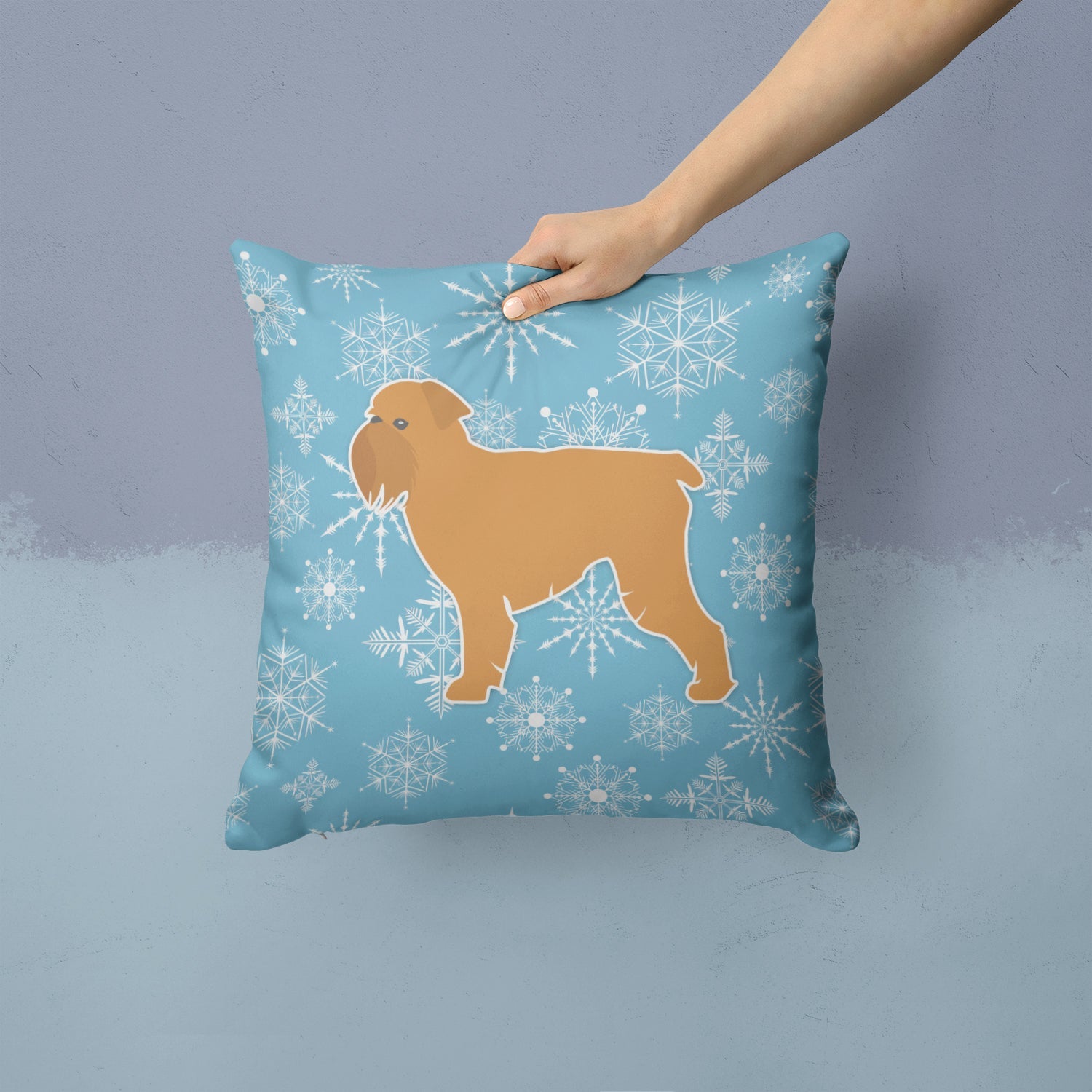 Winter Snowflake Brussels Griffon Decorative Throw Pillow 14x14 Indoor Outdoor Accent Cushion, Fabric Cover with Insert for Sofa, Bed, Porch & Living Room