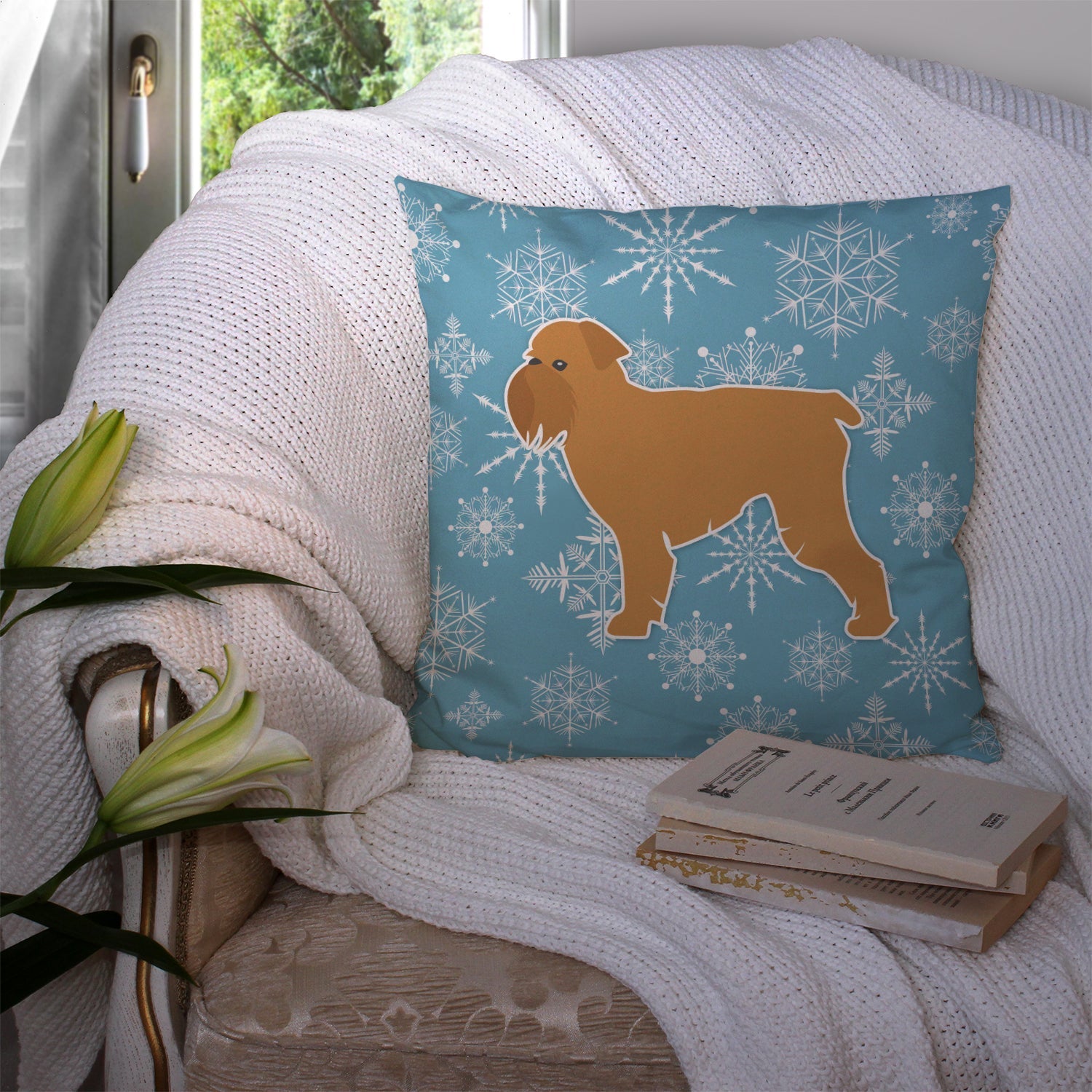Winter Snowflake Brussels Griffon Decorative Throw Pillow 14x14 Indoor Outdoor Accent Cushion, Fabric Cover with Insert for Sofa, Bed, Porch & Living Room
