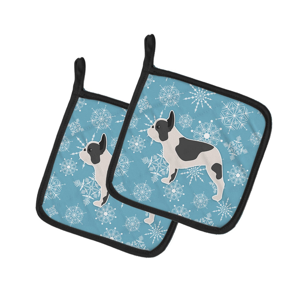 Winter Snowflake French Bulldog Pot Holder Set of 2 Heat Resistant Quilted Hot Pads 7.5 x 7.5 Inch, Insulated Kitchen Trivets for Cooking & Baking
