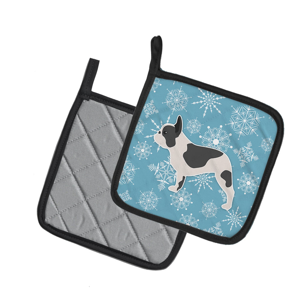 Winter Snowflake French Bulldog Pot Holder Set of 2 Heat Resistant Quilted Hot Pads 7.5 x 7.5 Inch, Insulated Kitchen Trivets for Cooking & Baking