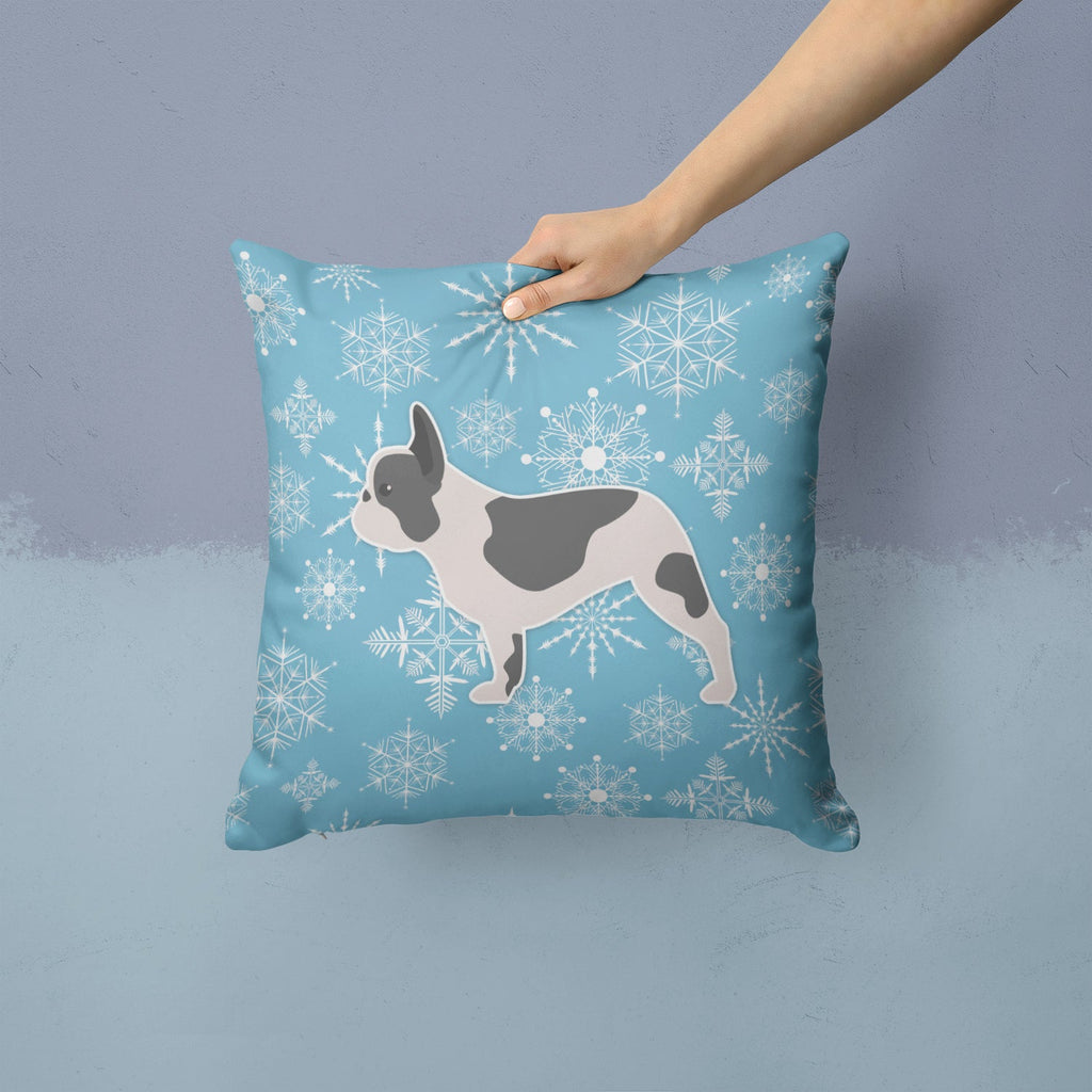 Winter Snowflake French Bulldog Decorative Throw Pillow 14x14 Indoor Outdoor Accent Cushion, Fabric Cover with Insert for Sofa, Bed, Porch & Living Room