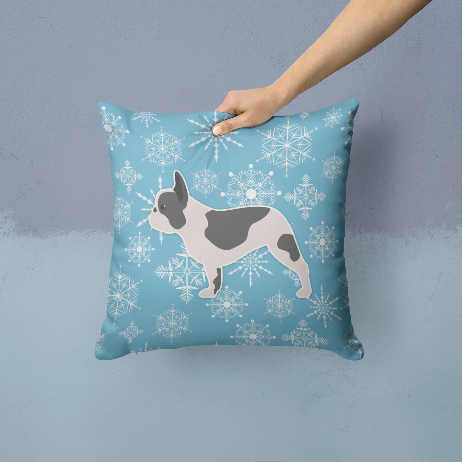 Winter Snowflake French Bulldog Decorative Throw Pillow 14x14 Indoor Outdoor Accent Cushion, Fabric Cover with Insert for Sofa, Bed, Porch & Living Room