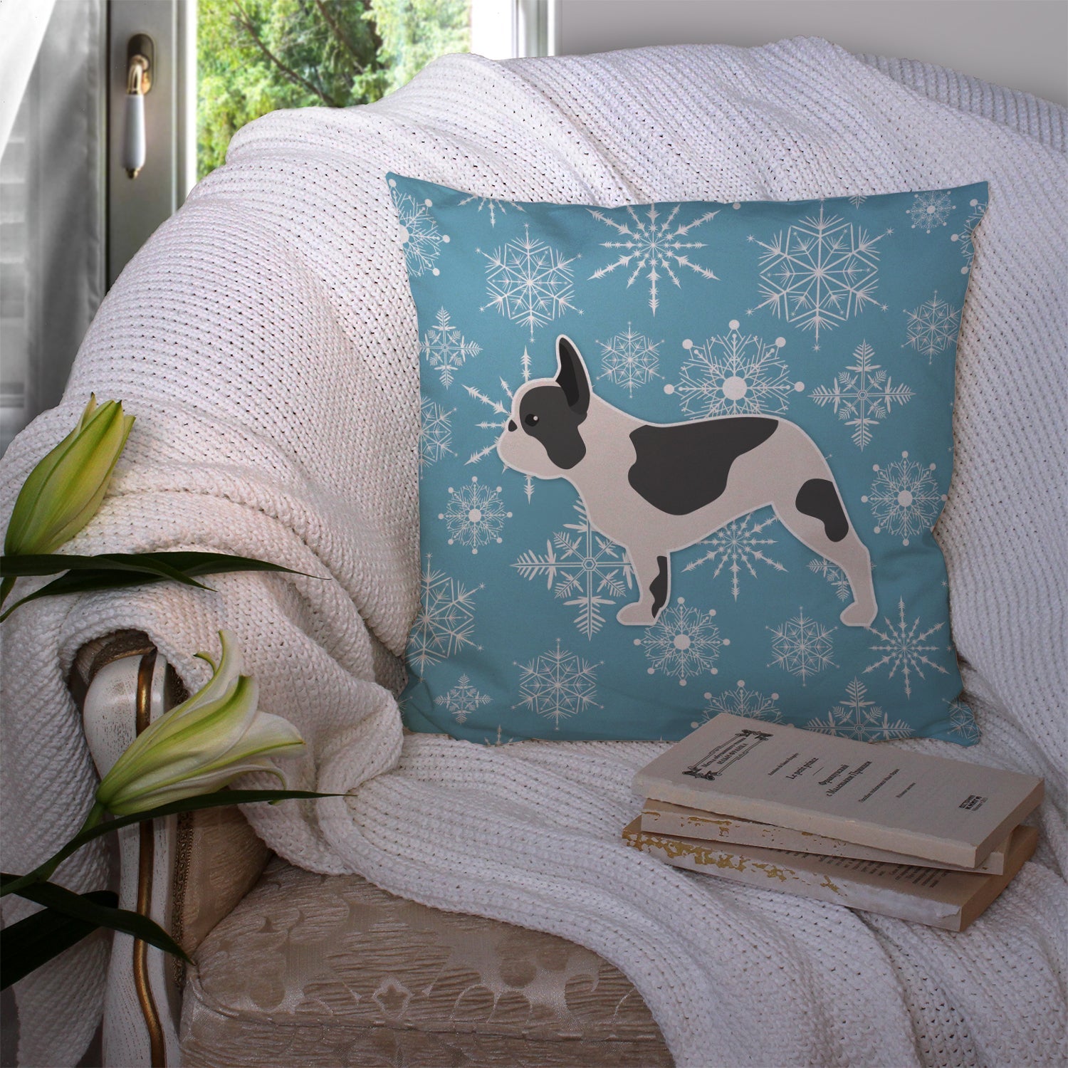 Winter Snowflake French Bulldog Decorative Throw Pillow 14x14 Indoor Outdoor Accent Cushion, Fabric Cover with Insert for Sofa, Bed, Porch & Living Room