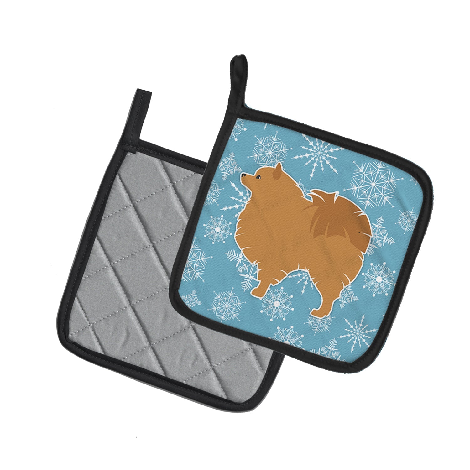 Winter Snowflake Pomeranian Pot Holder Set of 2 Heat Resistant Quilted Hot Pads 7.5 x 7.5 Inch, Insulated Kitchen Trivets for Cooking & Baking