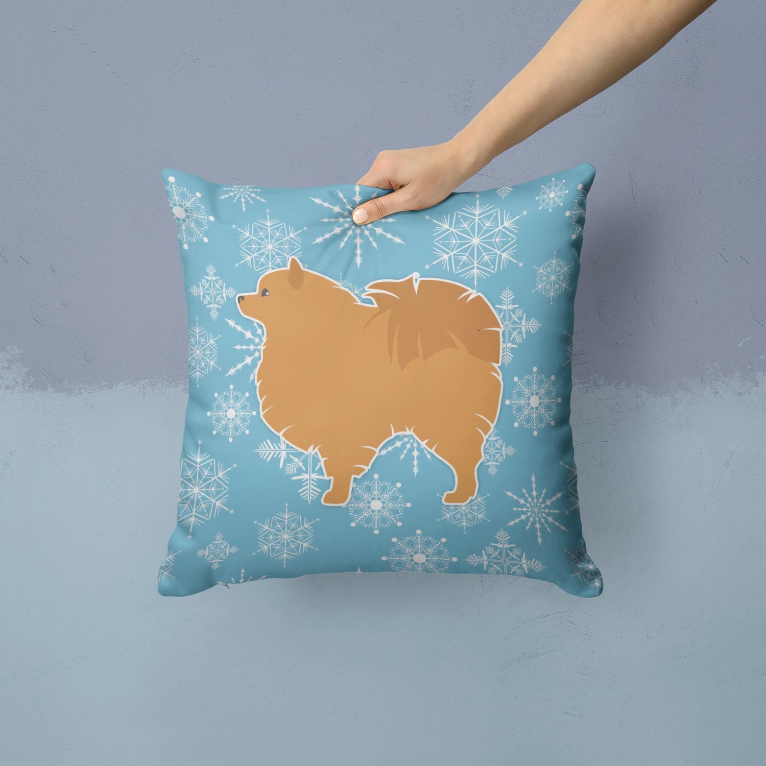Winter Snowflake Pomeranian Decorative Throw Pillow 14x14 Indoor Outdoor Accent Cushion, Fabric Cover with Insert for Sofa, Bed, Porch & Living Room