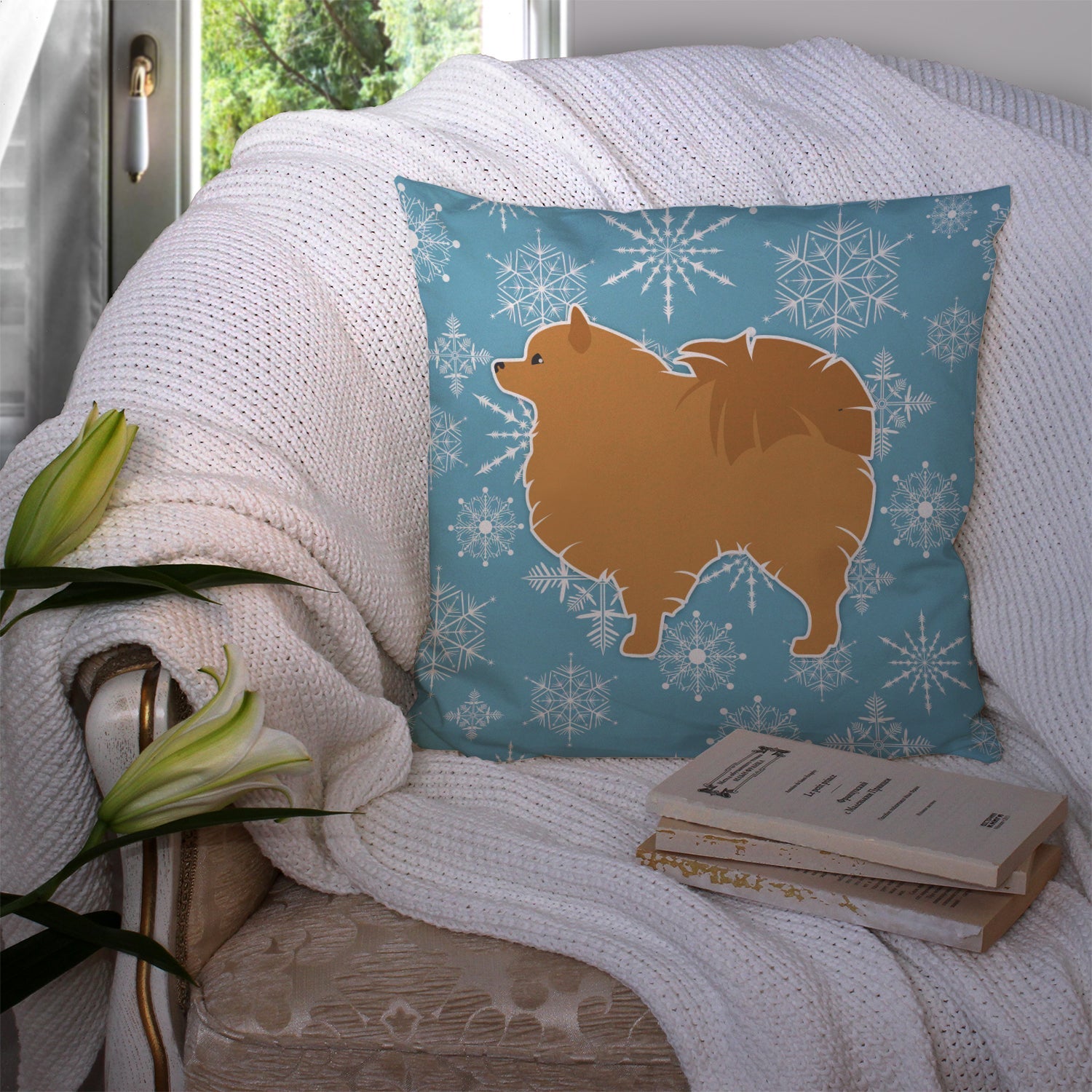 Winter Snowflake Pomeranian Decorative Throw Pillow 14x14 Indoor Outdoor Accent Cushion, Fabric Cover with Insert for Sofa, Bed, Porch & Living Room