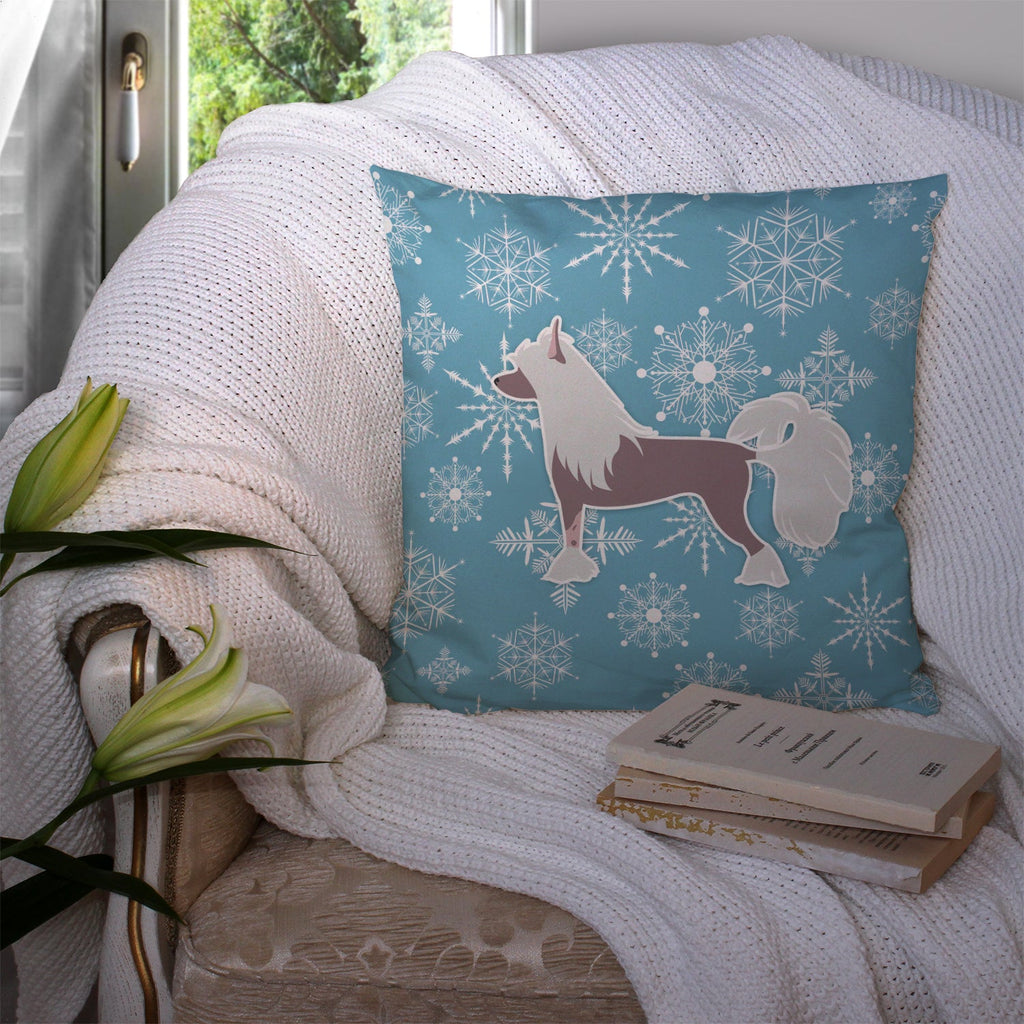 Winter Snowflake Chinese Crested Decorative Throw Pillow 14x14 Indoor Outdoor Accent Cushion, Fabric Cover with Insert for Sofa, Bed, Porch & Living Room
