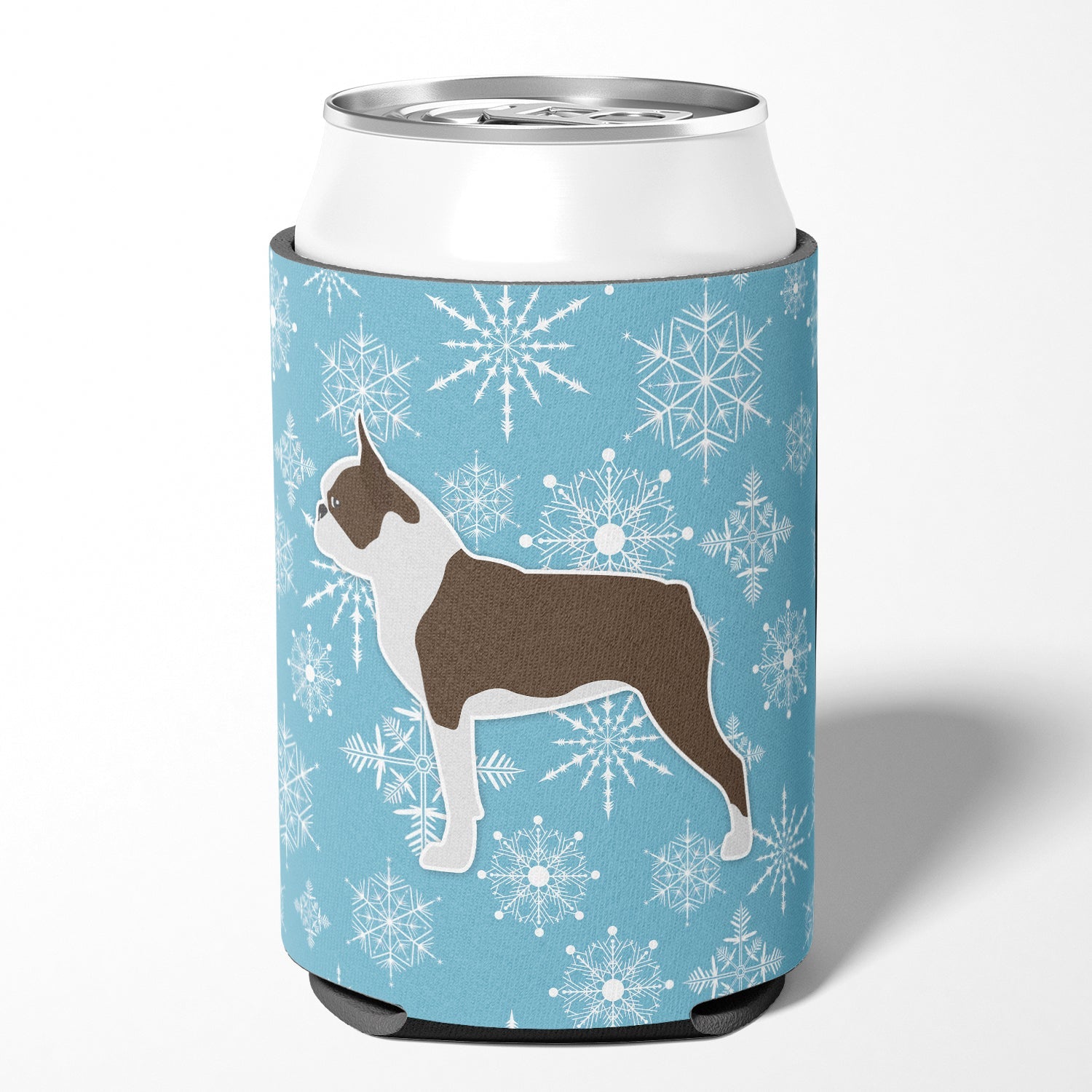 Winter Snowflake Boston Terrier Can or Bottle Hugger Cooler Sleeve for Standard 12 oz Cans, Insulated Foam Beer & Soda Can Hugger Reusable