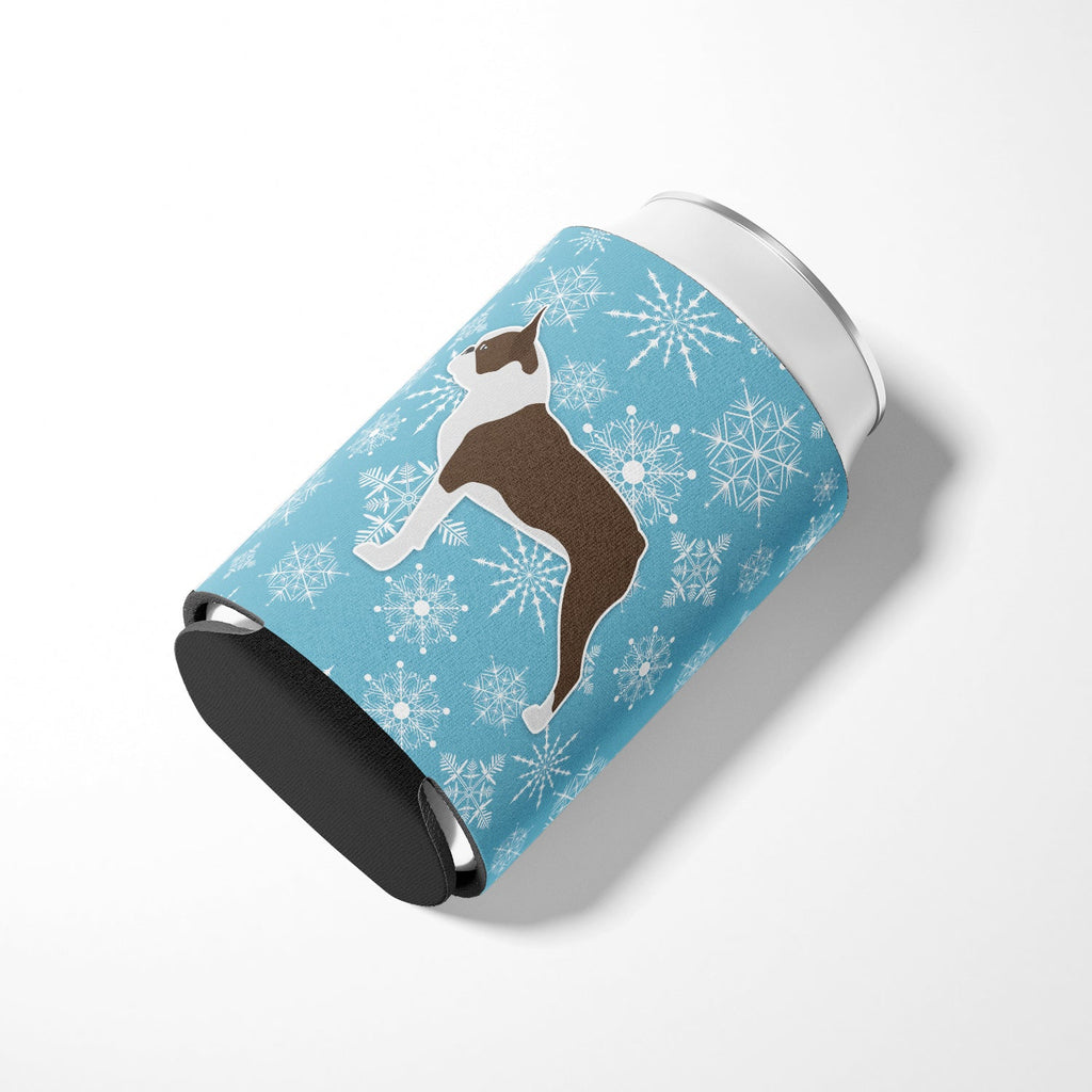 Winter Snowflake Boston Terrier Can or Bottle Hugger Cooler Sleeve for Standard 12 oz Cans, Insulated Foam Beer & Soda Can Hugger Reusable
