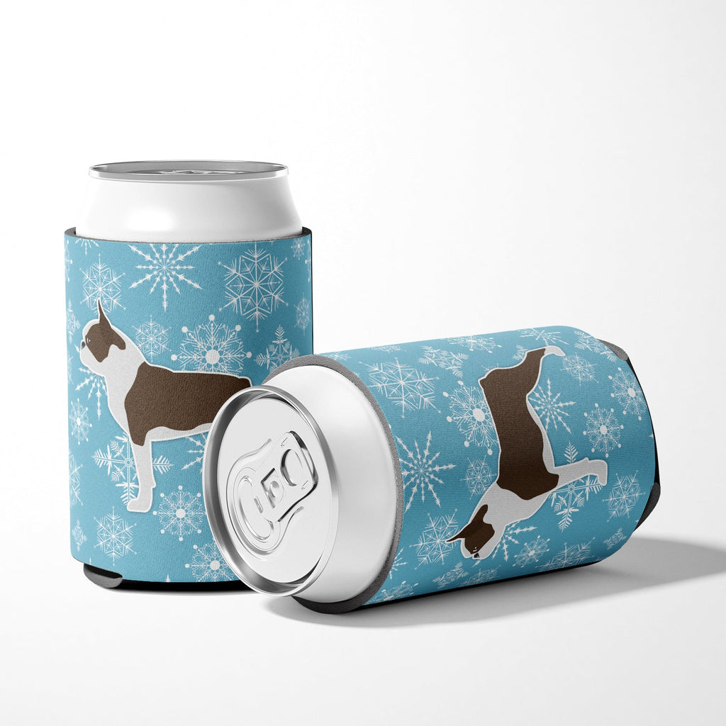 Winter Snowflake Boston Terrier Can or Bottle Hugger Cooler Sleeve for Standard 12 oz Cans, Insulated Foam Beer & Soda Can Hugger Reusable