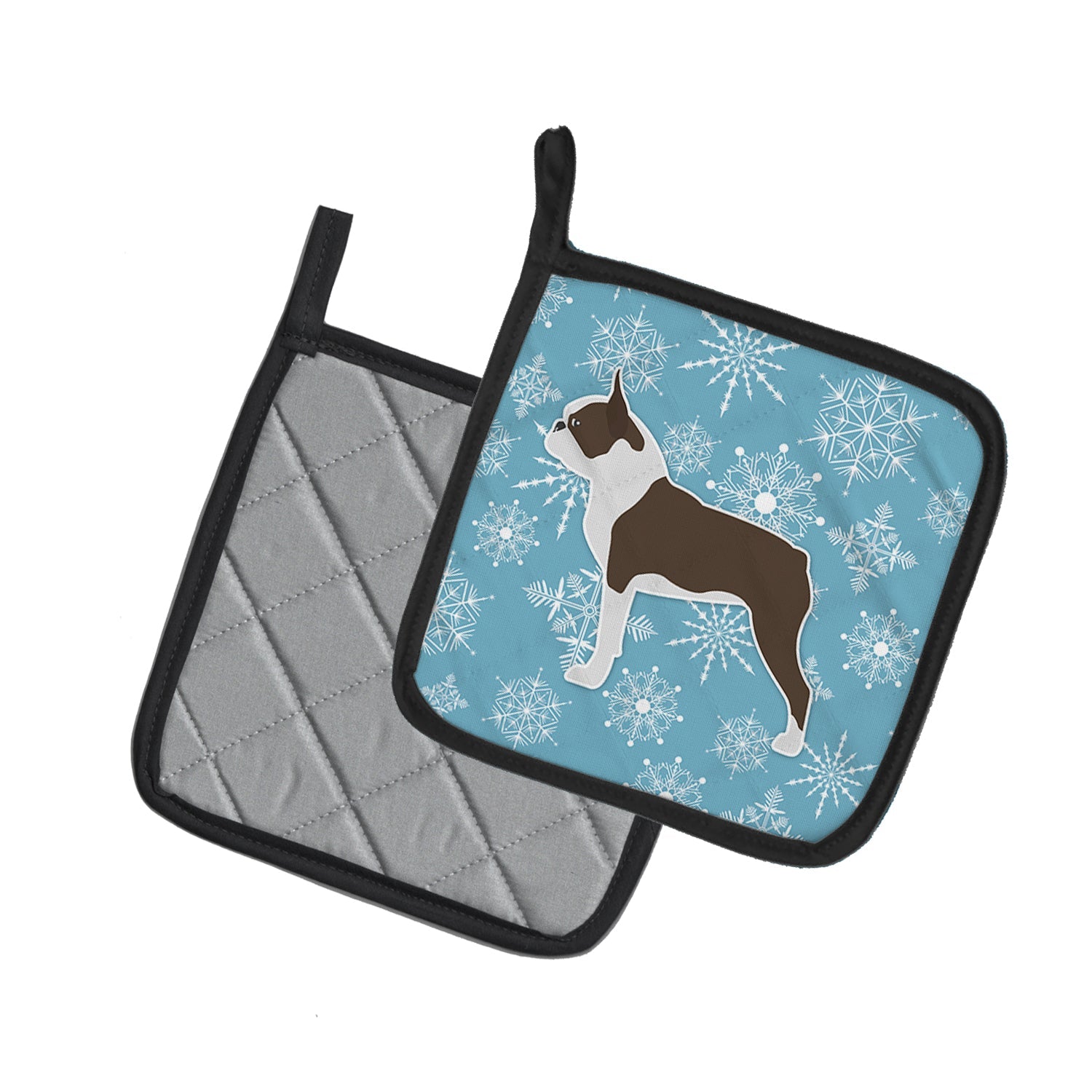 Winter Snowflake Boston Terrier Pot Holder Set of 2 Heat Resistant Quilted Hot Pads 7.5 x 7.5 Inch, Insulated Kitchen Trivets for Cooking & Baking