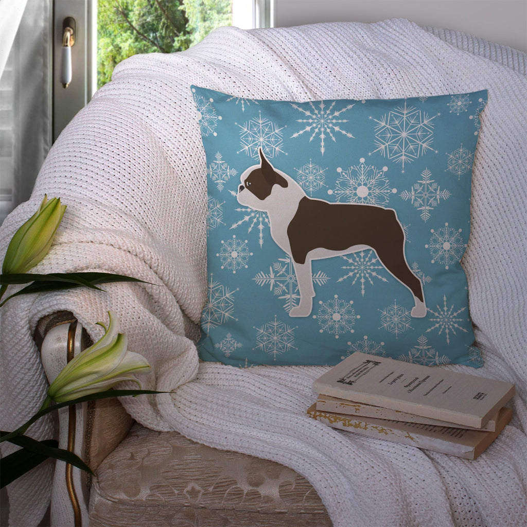 Winter Snowflake Boston Terrier Decorative Throw Pillow 14x14 Indoor Outdoor Accent Cushion, Fabric Cover with Insert for Sofa, Bed, Porch & Living Room