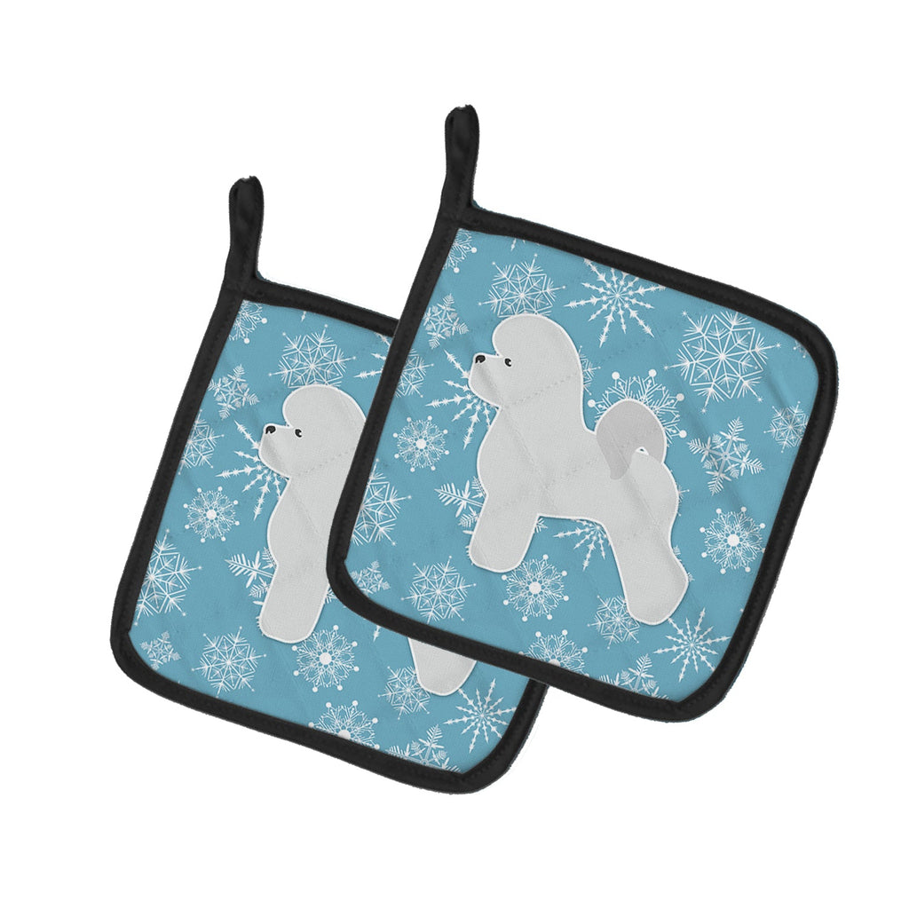 Winter Snowflake Bichon Frise Pot Holder Set of 2 Heat Resistant Quilted Hot Pads 7.5 x 7.5 Inch, Insulated Kitchen Trivets for Cooking & Baking