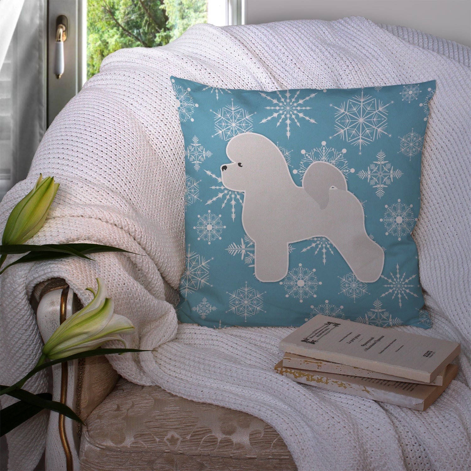 Winter Snowflake Bichon Frise Decorative Throw Pillow 14x14 Indoor Outdoor Accent Cushion, Fabric Cover with Insert for Sofa, Bed, Porch & Living Room
